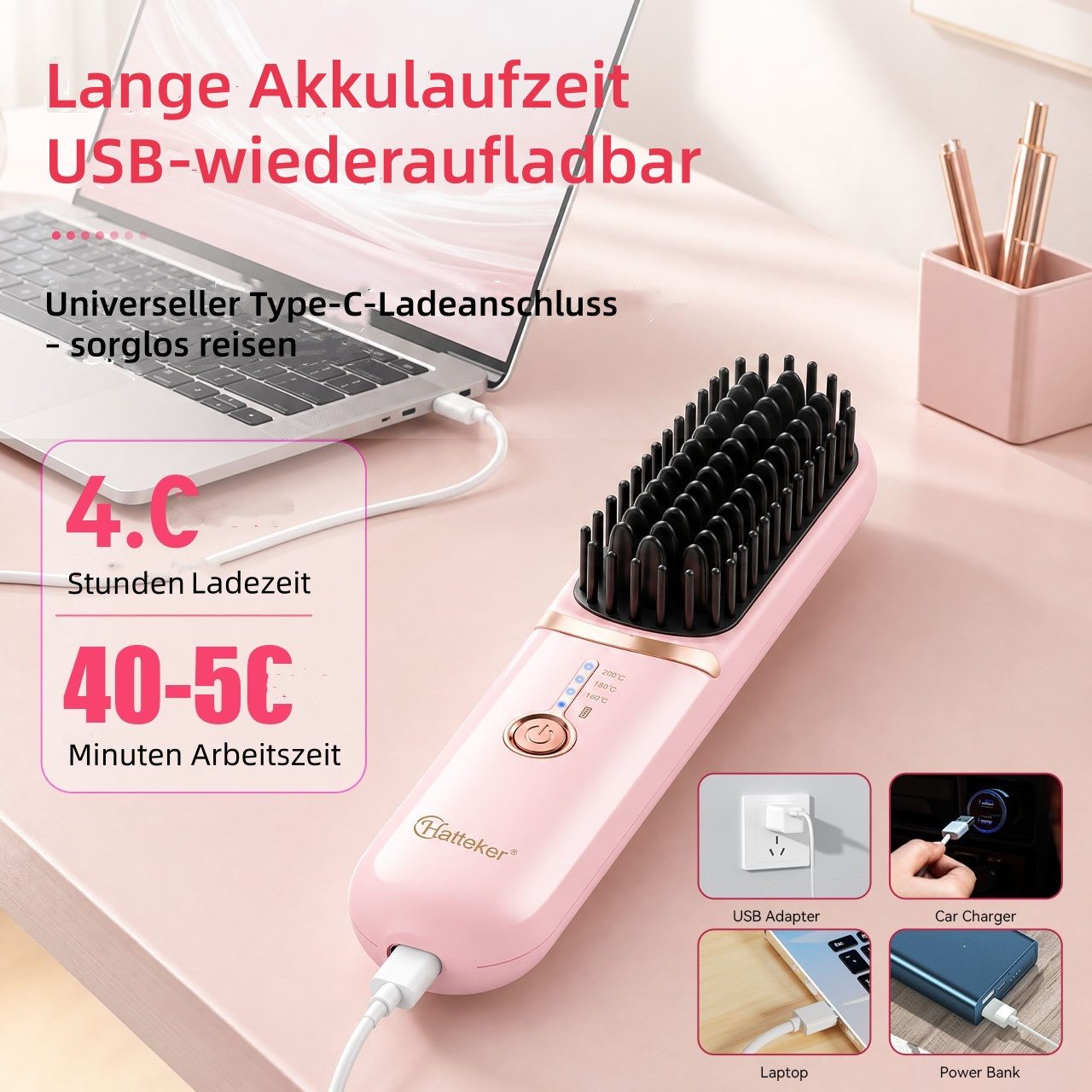 HATTEKER Elektrohaarbürste HT-151, Kabellose Glättbürste, 3 Temperaturstufen 160–200°C, USB-C