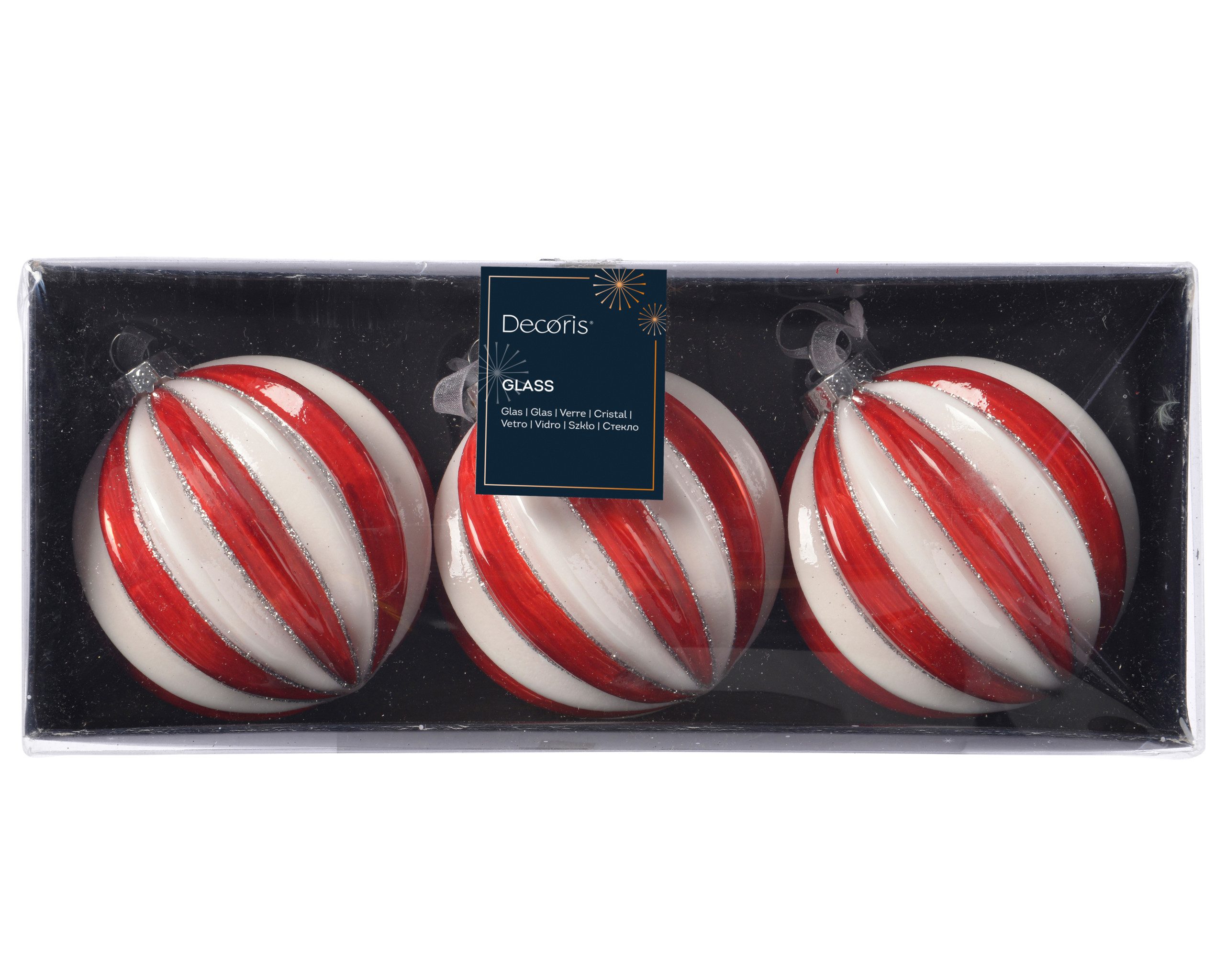Kaemingk Christbaumschmuck, Weihnachtskugeln Glas mit Streifen geriffelt 8cm rot / weiß, 3er Set