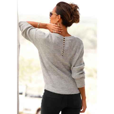 LASCANA V-Ausschnitt-Pullover mit Zierperlen im Rücken, eleganter Strickpullover