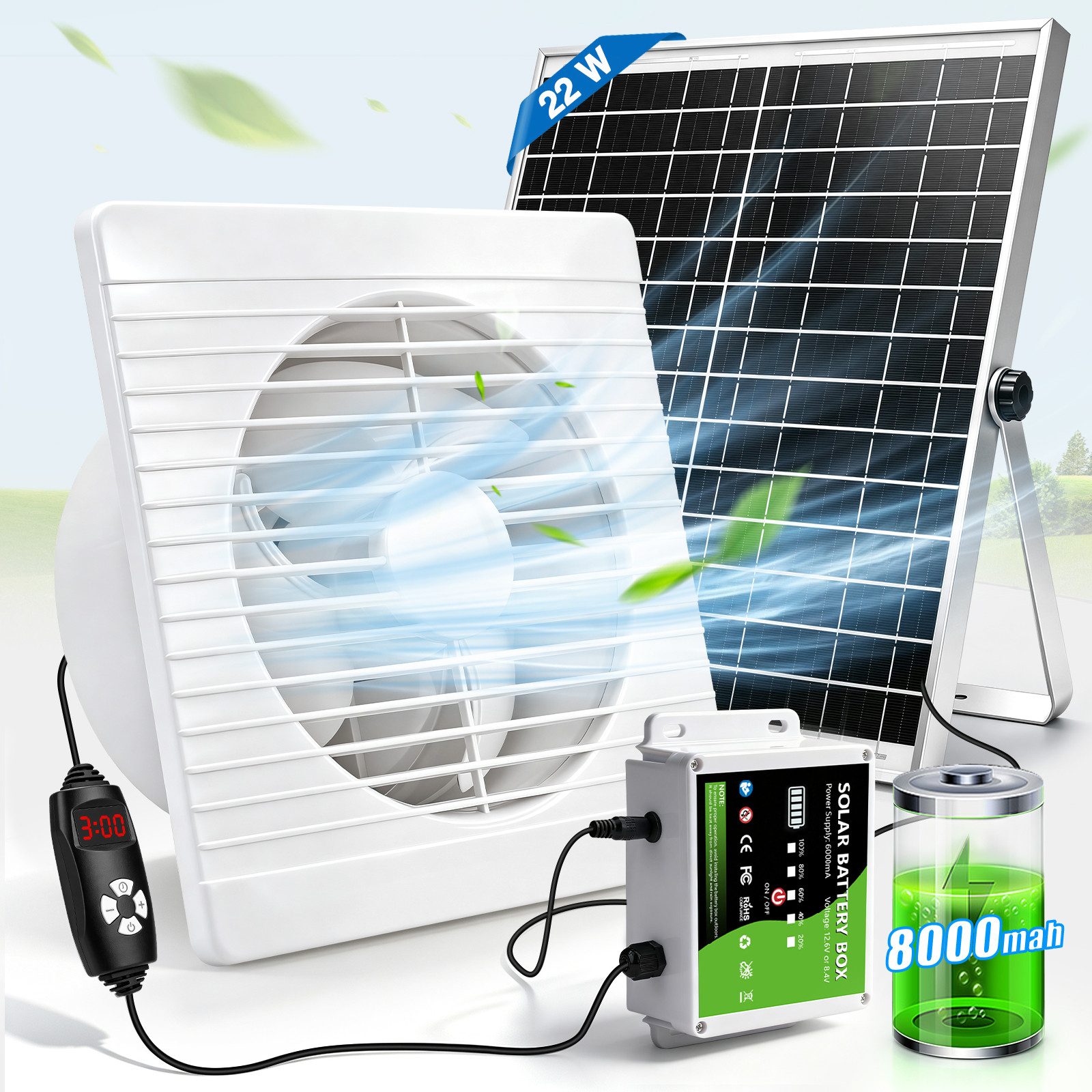 XERSEK Wandventilator 200MM Solar Abluftventilat Ventilator mit 22W Solarpanel Lüfter Fan, 8000mAh Powerbank, Lüftungsstufenregelung Zeitfunktion für Hühnerstall