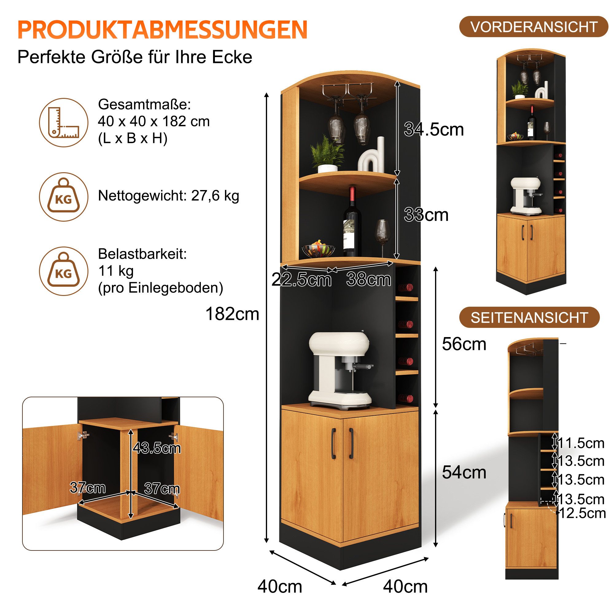 HAUSS SPOLE Eckvitrine mit Weinglasregal,freistehend Bartheke Hochschrank 40×40×182cm,Schwarz (Wohnzimmerschrank mit geschlossenem Unterschrank und offenen Regalfächern für Esszimmer, Küche und Wohnzimmer) Bücherregal Beistellschrank mit Edelstahl-Weinglashalter