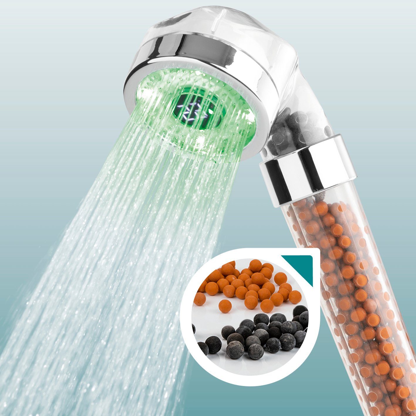 EASYmaxx Regenduschkopf LED-Farbwechsel 6cm mit Mineralkugeln, (1-tlg), Wassersparendender Spa Duschkopf, Digitale Temperaturanzeige