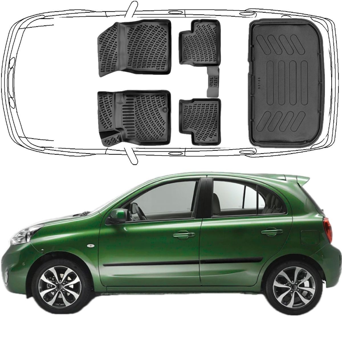 Trimak Passform-Fußmatten Oder Kofferraumwanne Oder Set für Nissan Micra, Nissan Micra 4. Gen. K13 2010-2016 Gummimatten Auto & Kofferraummatte