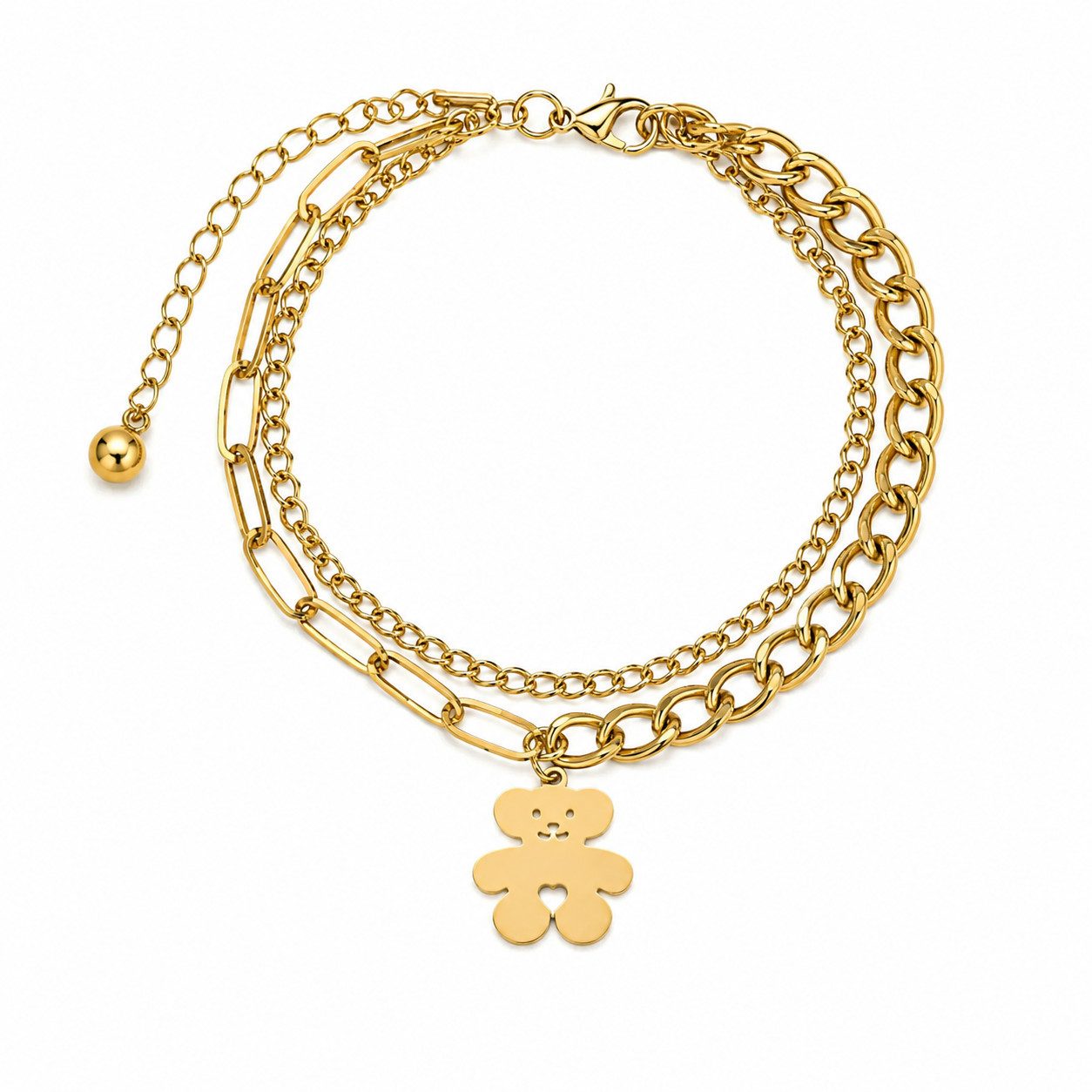 Brise Schmuck Armband Armband Damen Gold Teddy Anhänger doppelte Kette verstellbar (Einzelartikel, 1 Armband), Doppelte Edelstahlkette mit Teddy-Anhänger und verstellbarer Länge