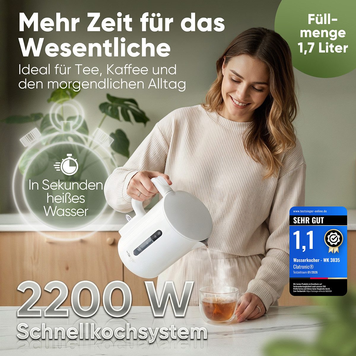 CLATRONIC Wasserkocher WK 3835, Wasserkocher 1,7L, 2200W, Einhandbedienung