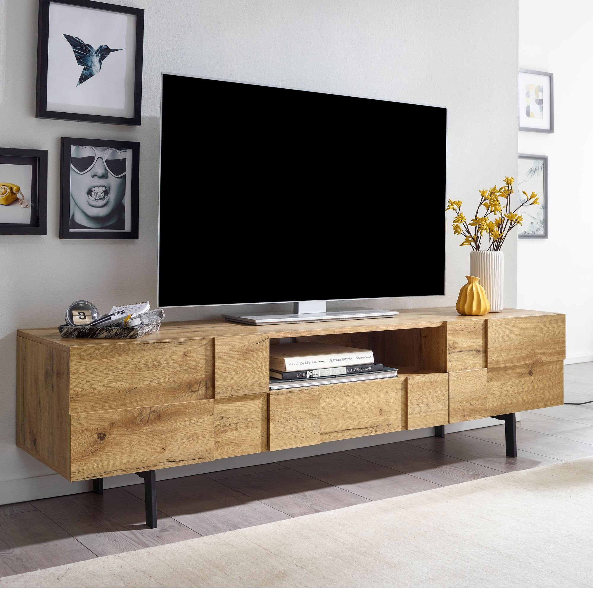 FINEBUY Lowboard »FB77754« (Holz Eiche-Dekor 160x46x43 cm mit zwei Türen),  TV-Kommode Hoch, TV-Schrank Modern, Fernsehtisch