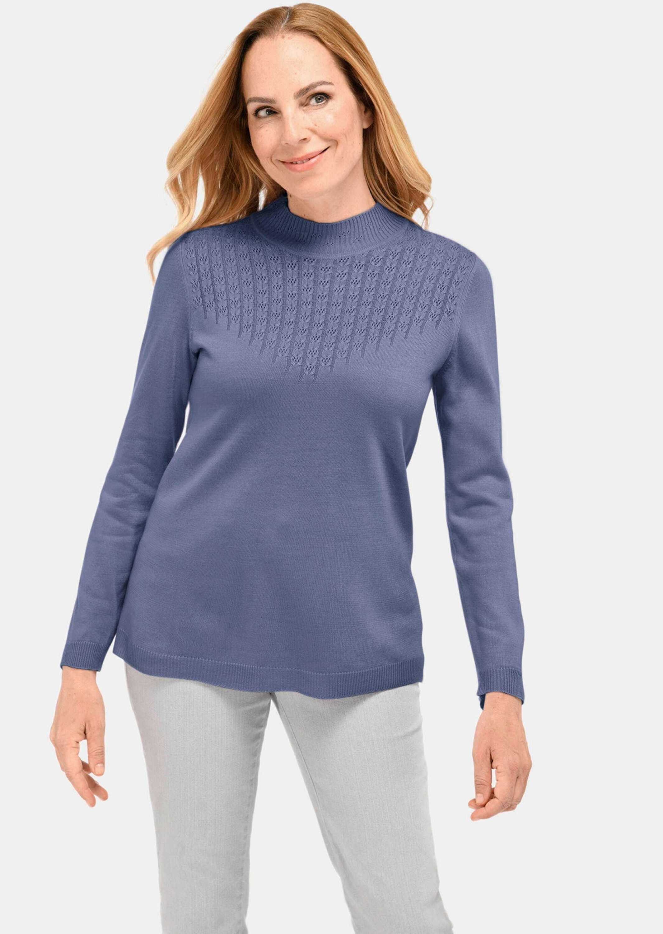 GOLDNER Вязаные свитера Kurzgröße: Eleganter Ajourpullover mit Stehbund Langarm Sweatshirt mit V-förmiger Ajourmusterung, gerippter Stehkragen