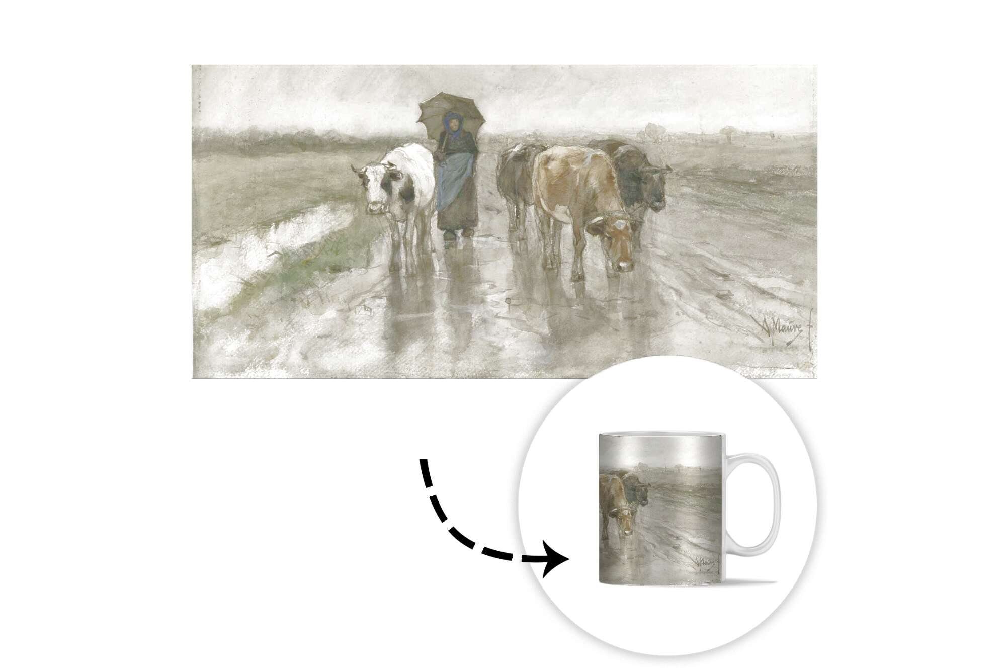 - mit Kaffeetassen, Keramik, im von, auf Geschenk Gemälde einer Becher, Regen Teetasse, Teetasse, Landstraße MuchoWow Kühen Eine Tasse Bäuerin