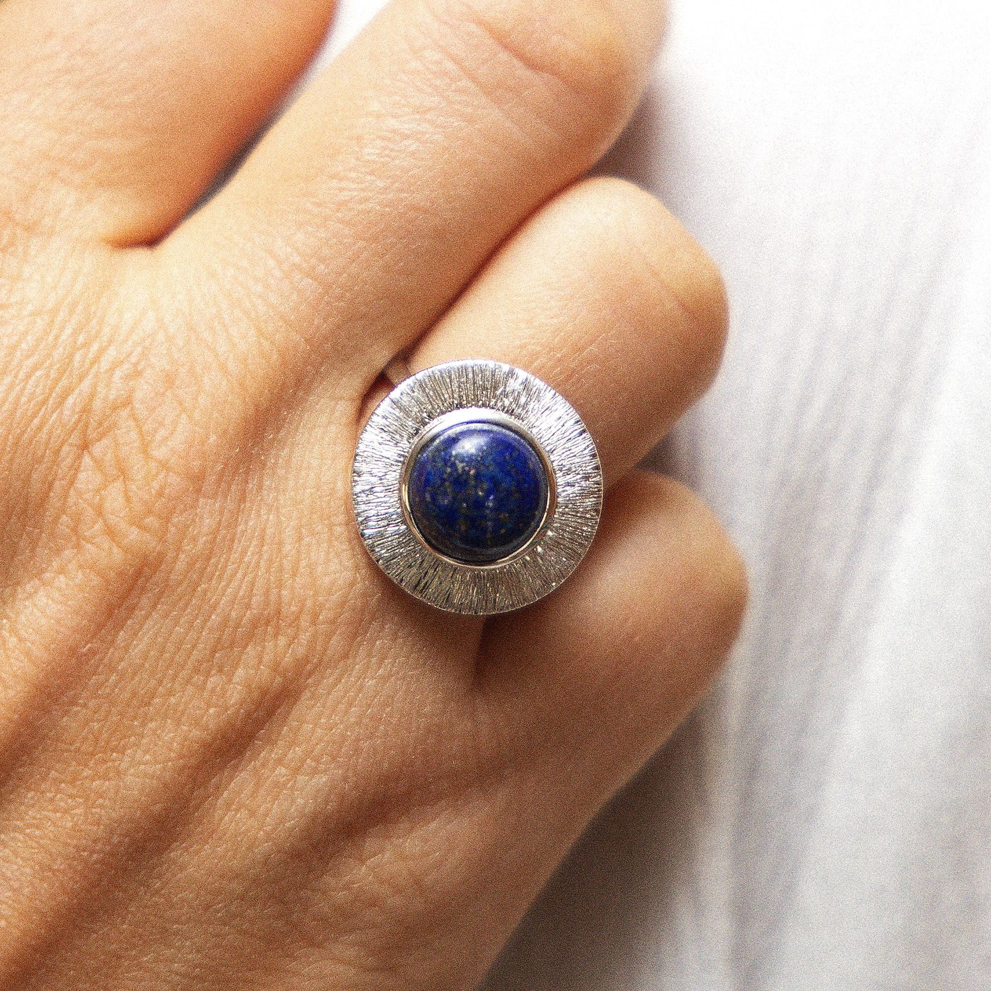 Zeeme Fingerring Silber 925 rhodiniert glanz/matt mit echtem Lapis 10mm – Bild 3 von 3