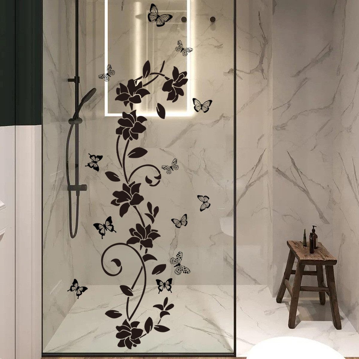 HomeBella Fliesenaufkleber Blumen Wandtattoo mit Schmetterlingen selbstklebend, Wandsticker Bad Dusche Glas Tür Deko wasserfest
