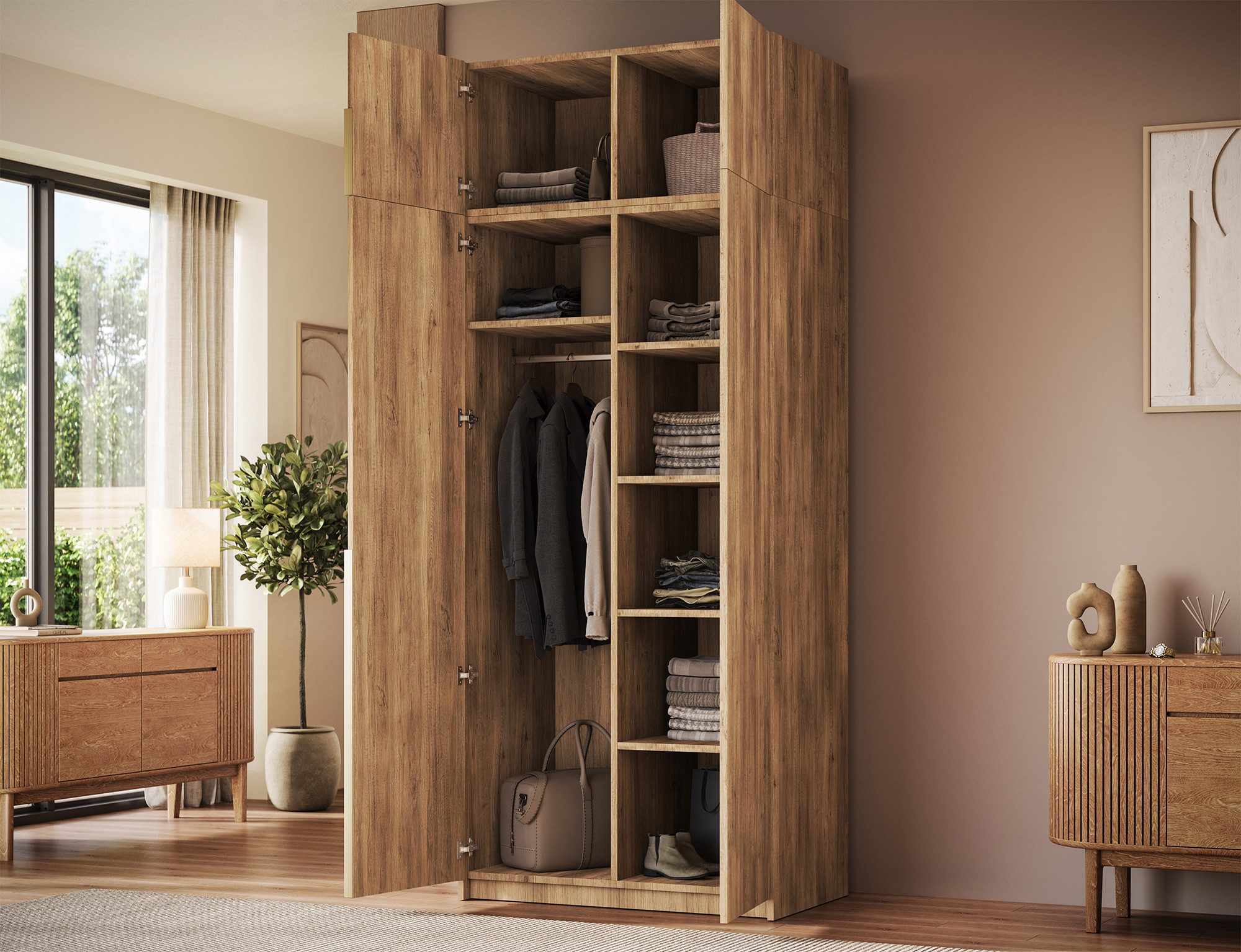 MOEBLO Drehtürenschrank Lunaro II (moderner Kleiderschrank 2-türig Schrank Garderobe Schlafzimmer, 100 cm, mit Spiegel Drehtüren Weiß Kaschmir Artisan Gold Griffe optional mit Aufsatz) (BxHxT): 100 x 204 x 58 cm