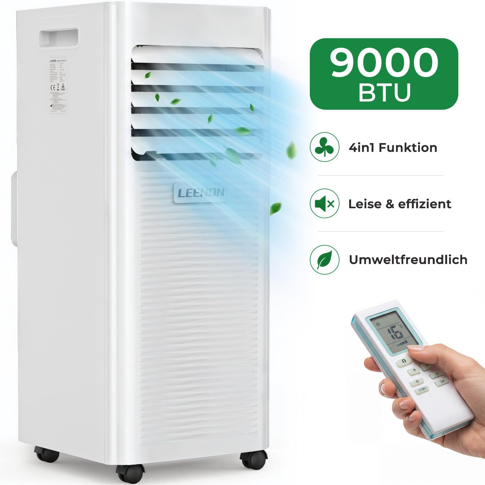 LEENON 4-in-1-Klimagerät Mobiles klimaanlage,9000 /14000BTU, Kühlgeräte mit Abluftschlauch, 4-in-1 Kühlgerät Luftkühler,Digitaldisplay + Fernbedienung, 24h-Timer