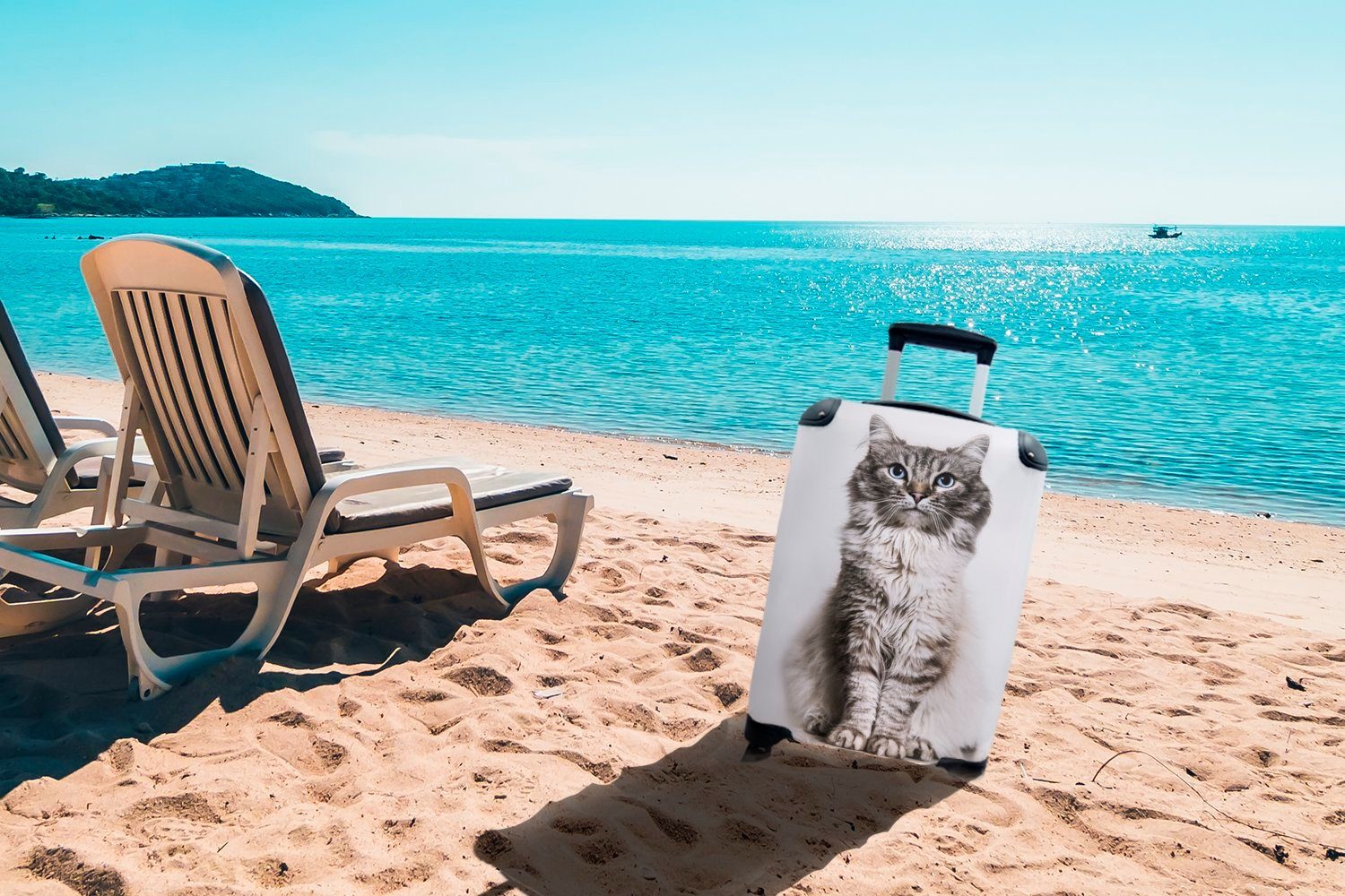 Ferien, Handgepäckkoffer 4 weißem mit mit für Reisekoffer auf Rollen, Handgepäck Katze Reisetasche Augen Trolley, MuchoWow Hintergrund, blauen rollen,