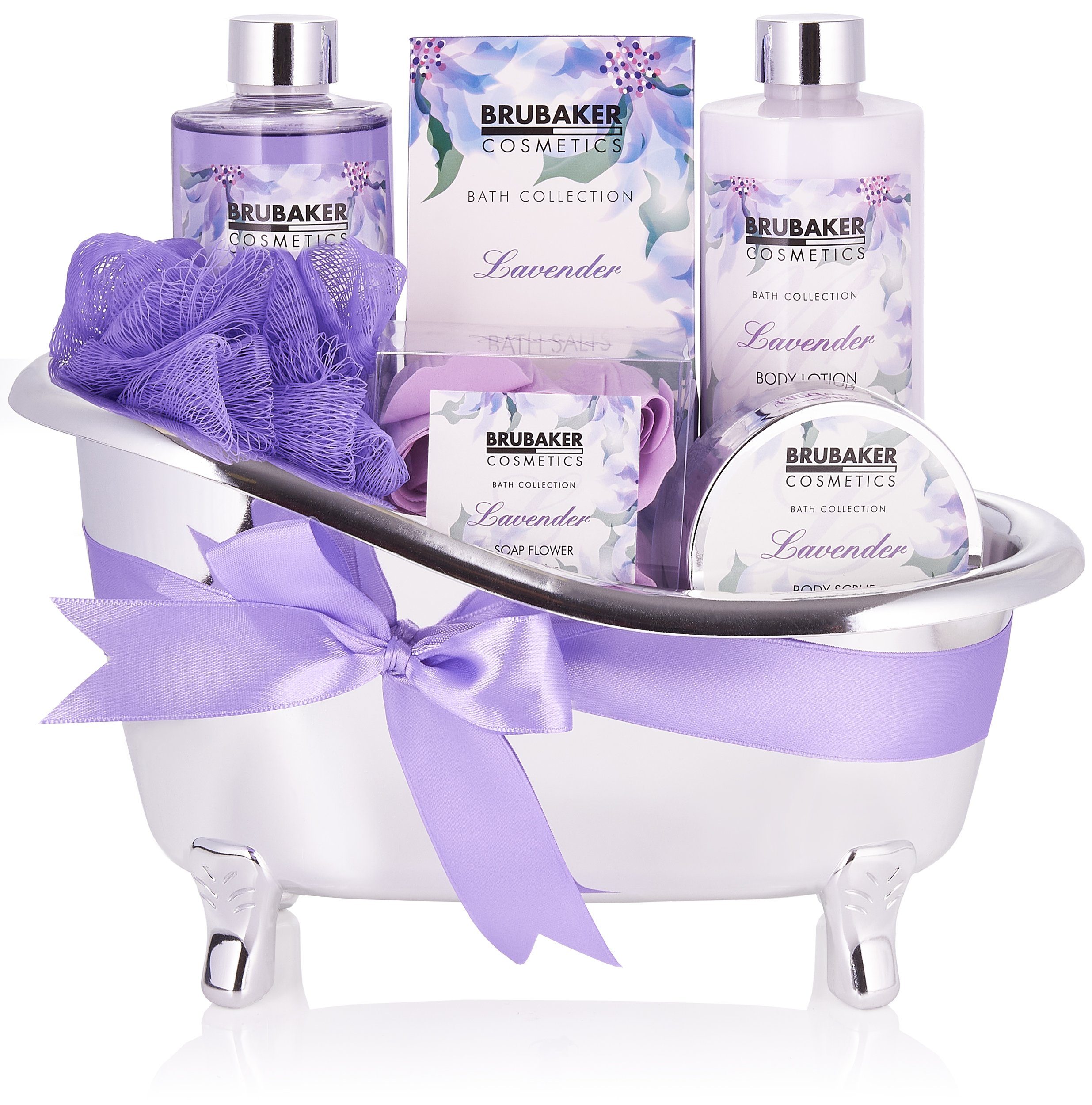 BRUBAKER Hautreinigungs-Set Wellness Geschenkset für Frauen mit Lavendel Duft, 7-tlg., Beauty Dusch- und Badeset für Damen, Pflegeset in Deko Badewanne, Silber Lila