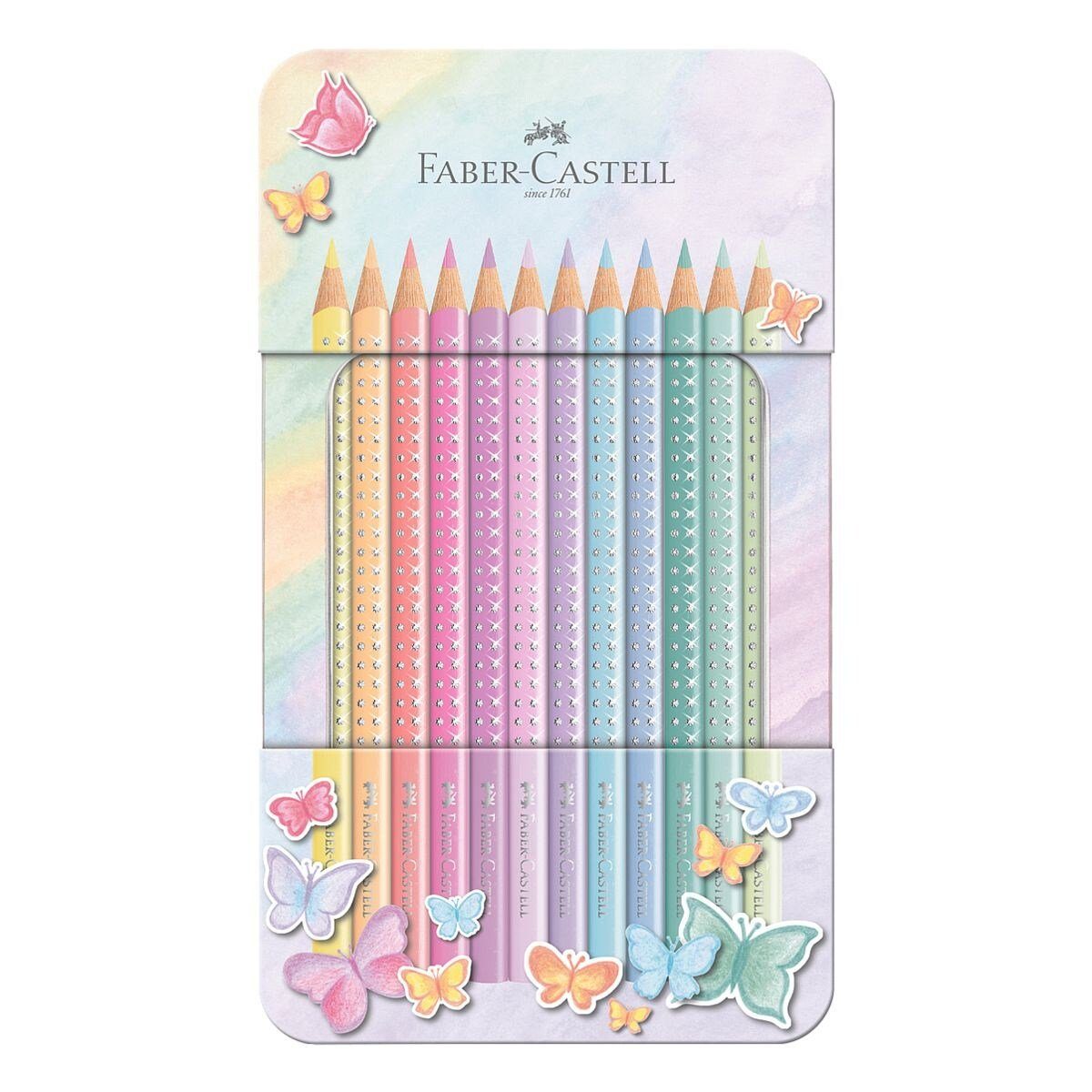 Faber-Castell Buntstift Sparkle Pastell, (12-tlg), Pastellfarben, im Metalletui und mit Glitzerapplikationen
