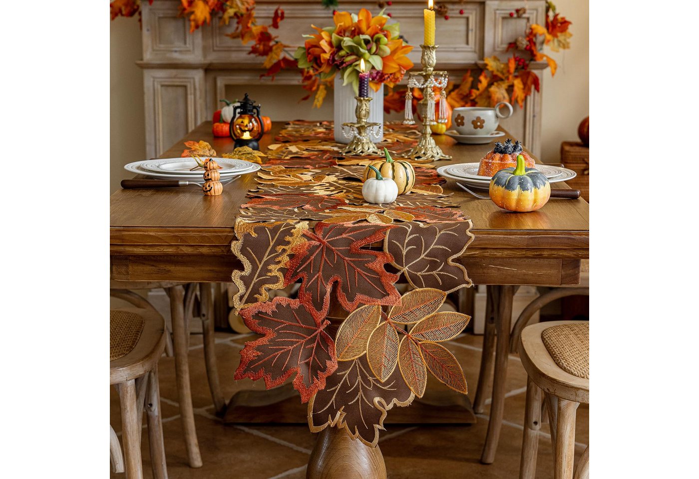 Sorvyzxn Tischläufer Herbst Tischläufer 14 × 86 Zoll, Tischdeko mit Ahornblättern, Besticktes Design mit Lochmuster für Festtafel & Herbstdeko