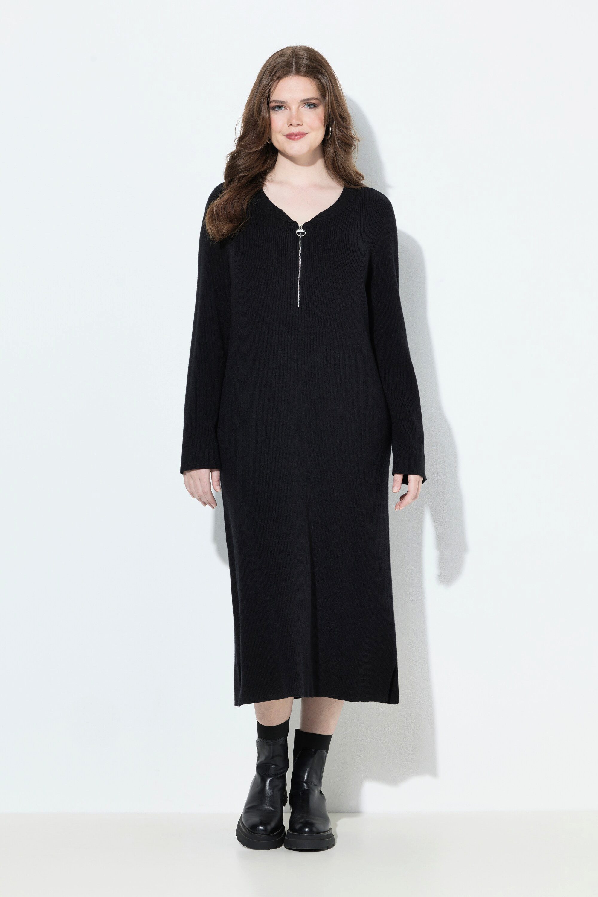 Ulla Popken Strickkleid Rippjersey-Midikleid Zipper A-Linie V-Ausschnitt günstig online kaufen