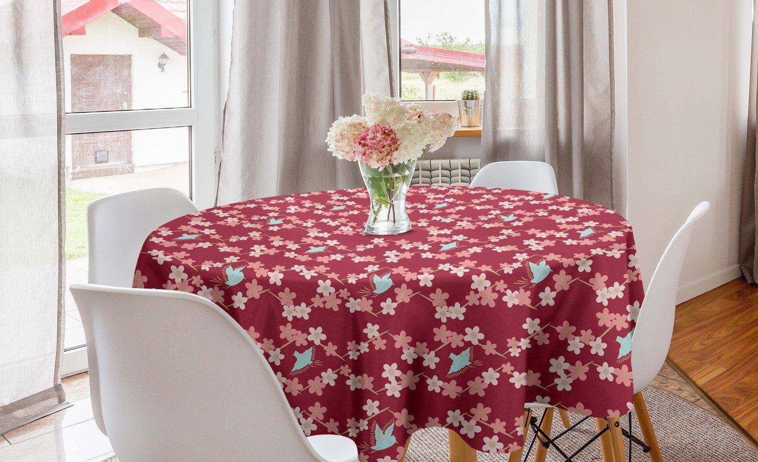 Abakuhaus Tischdecke Kreis Tischdecke Abdeckung für Esszimmer Küche Dekoration, Blumen Konzept der Blumen und Vögel