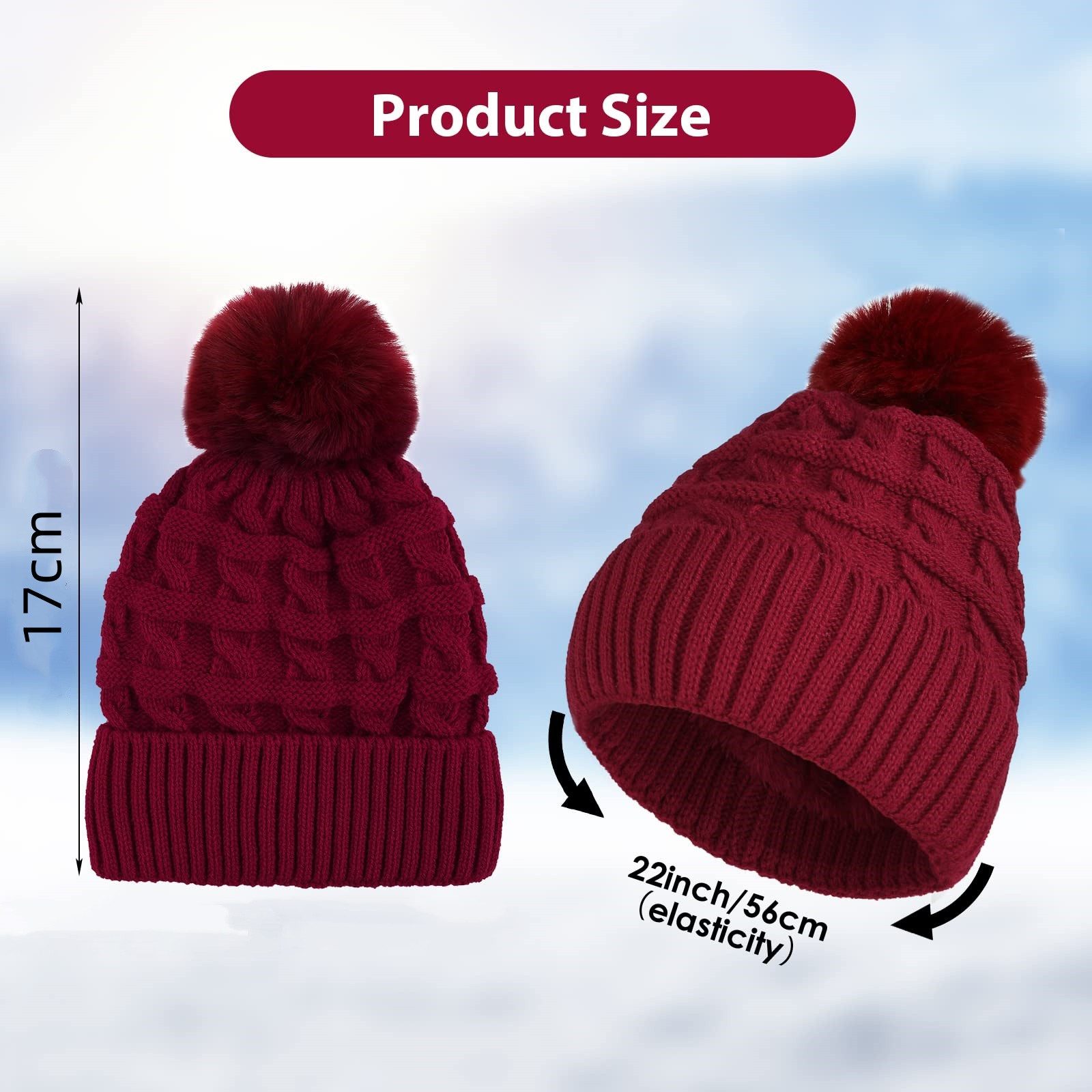 Coonoor Bommelmütze Damen Wintermütze, Thermo-Fleece-gefütterte Mütze, Strickmütze Wollmützen mit Kunstfell-Bommel