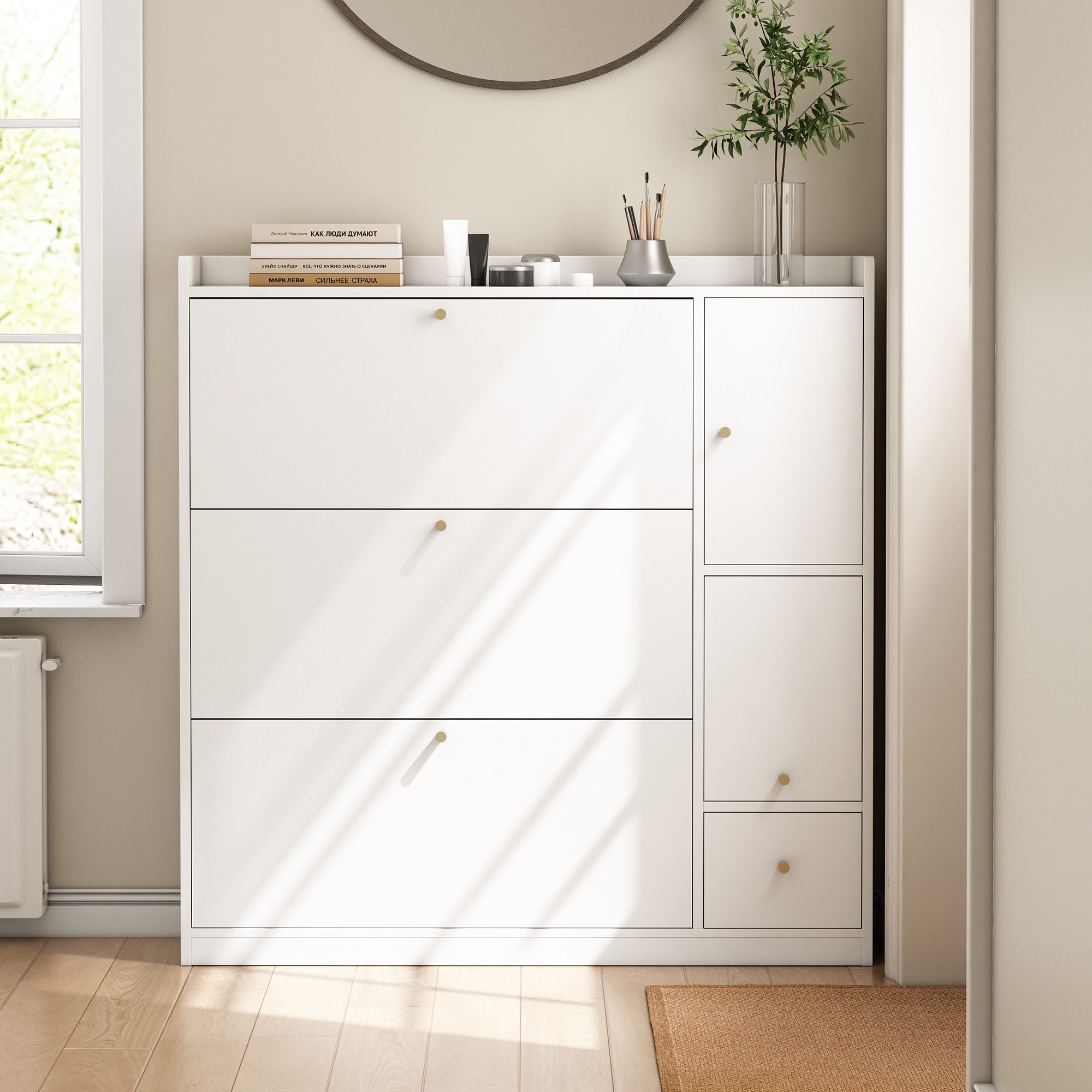 OKWISH Schuhschrank Vielseitiger Kipp-Schuhschrank (mit 3 Klappschubladen & Sitzbank, großer Flur-Organizer aus Spanplatte mit Schublade, Weiß, 1-St., B119/D24/H122 cm) Mit Kippsicherung