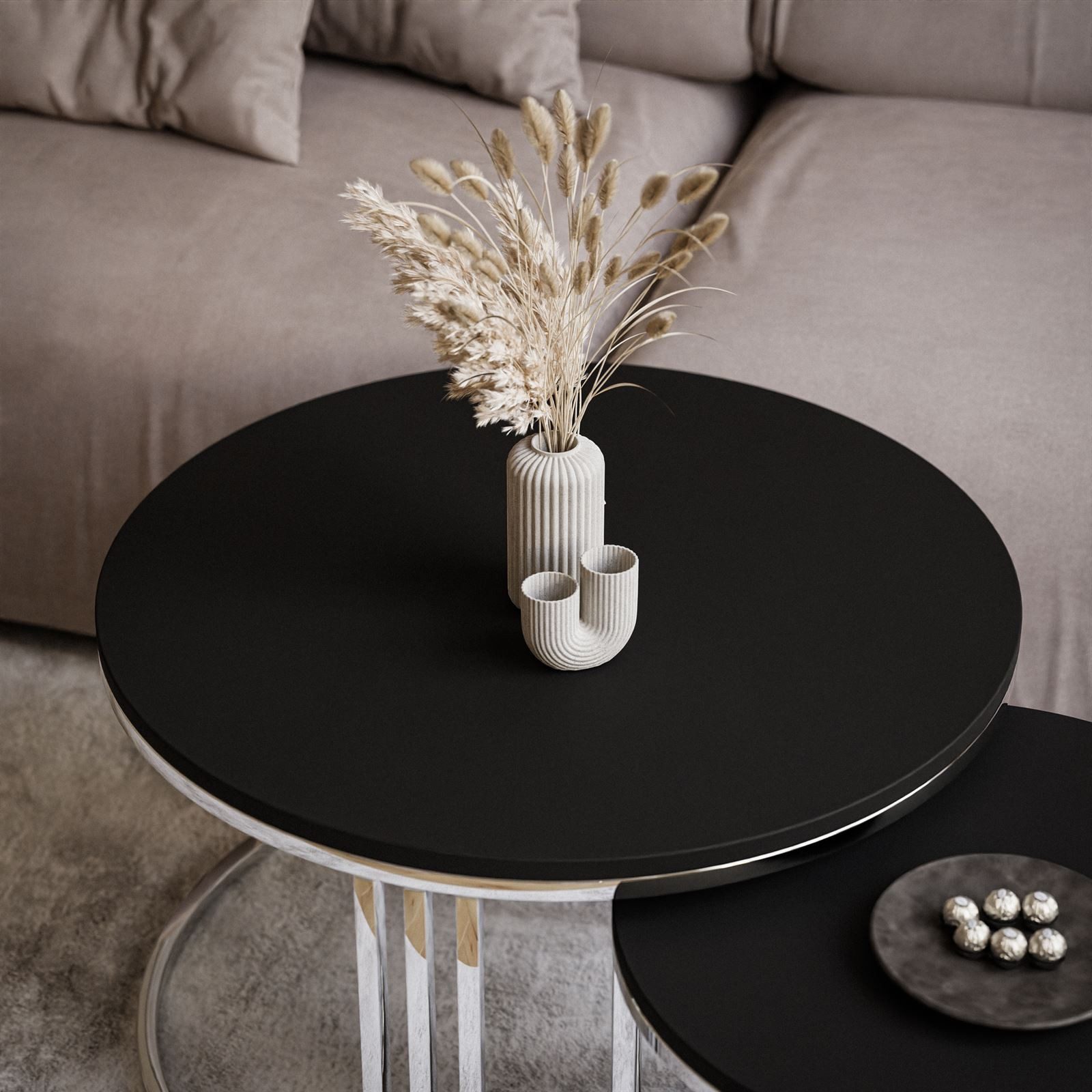 Lookway Couchtisch LORI 2in1 Schwarz Matt runder Couchtisch mit silber chrom gestell (2er Set), Durchmesser: ⌀70 cm und ⌀50 cm