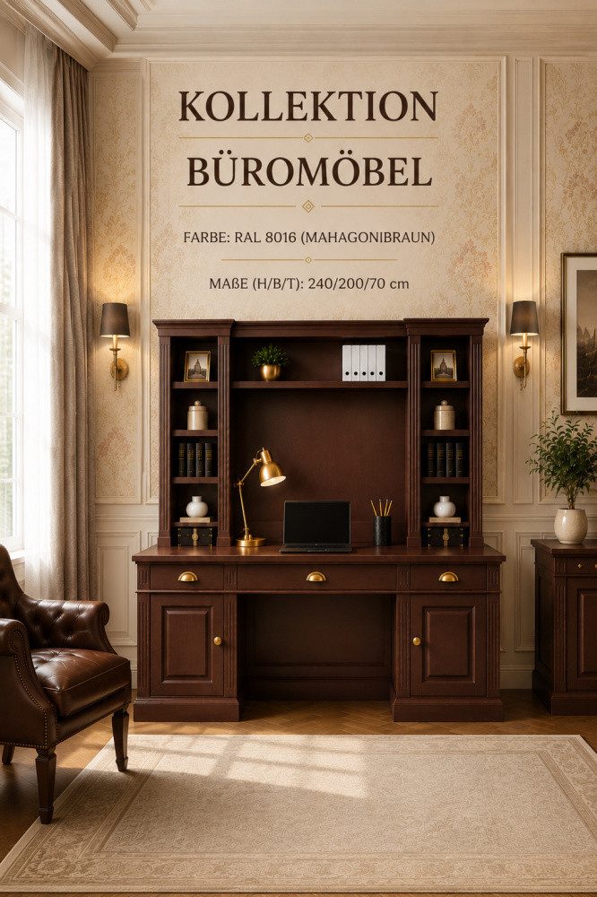 Wohnpalast Regal-Schreibtisch Landhaus Schreibtisch mit Regalaufsatz aus Kiefernholz – Mahagonibraun