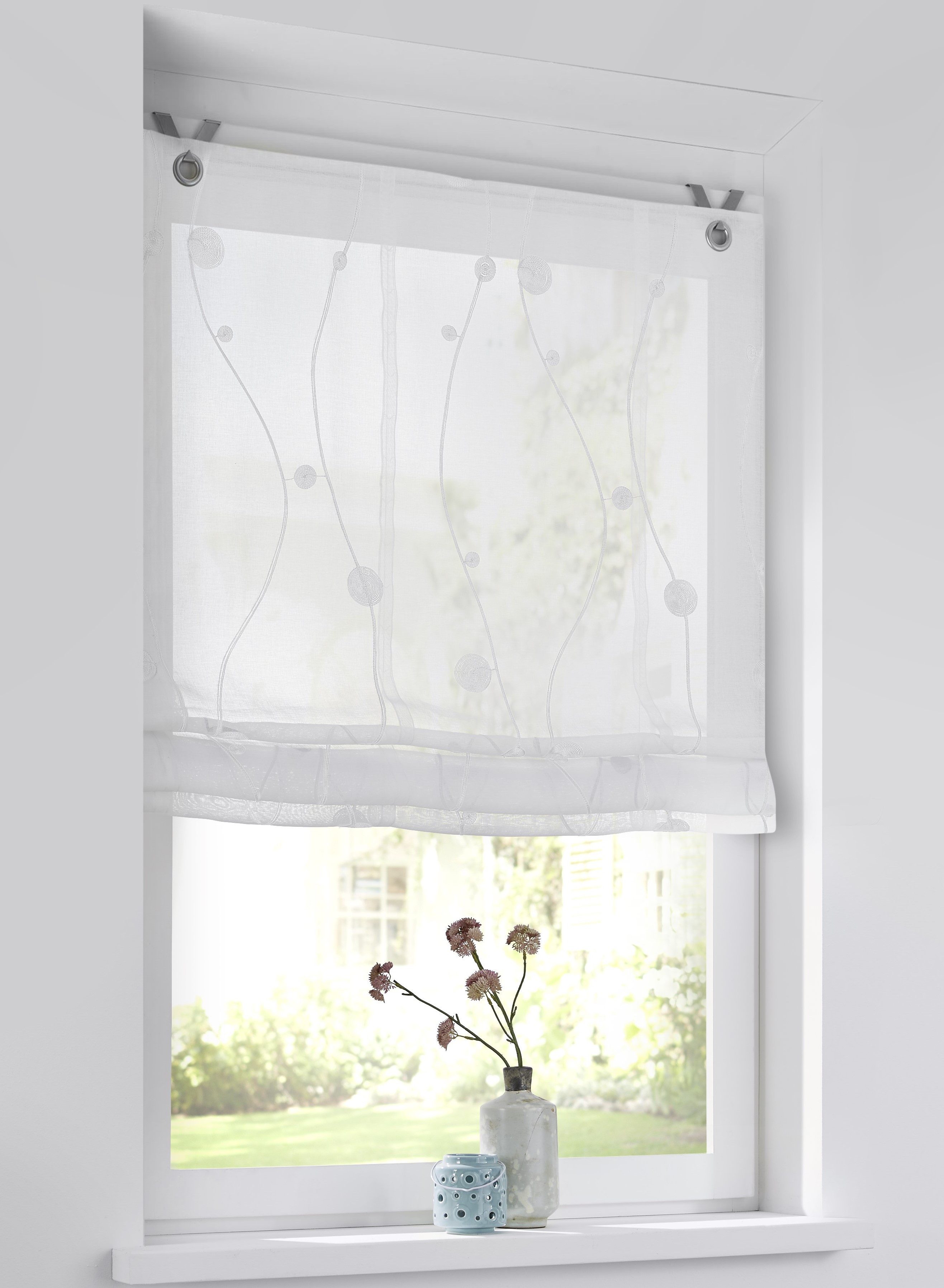Kutti Raffrollo Nelly, mit Hakenaufhängung, ohne Bohren, freihängend, modern bestickt, Kreise und Ranken