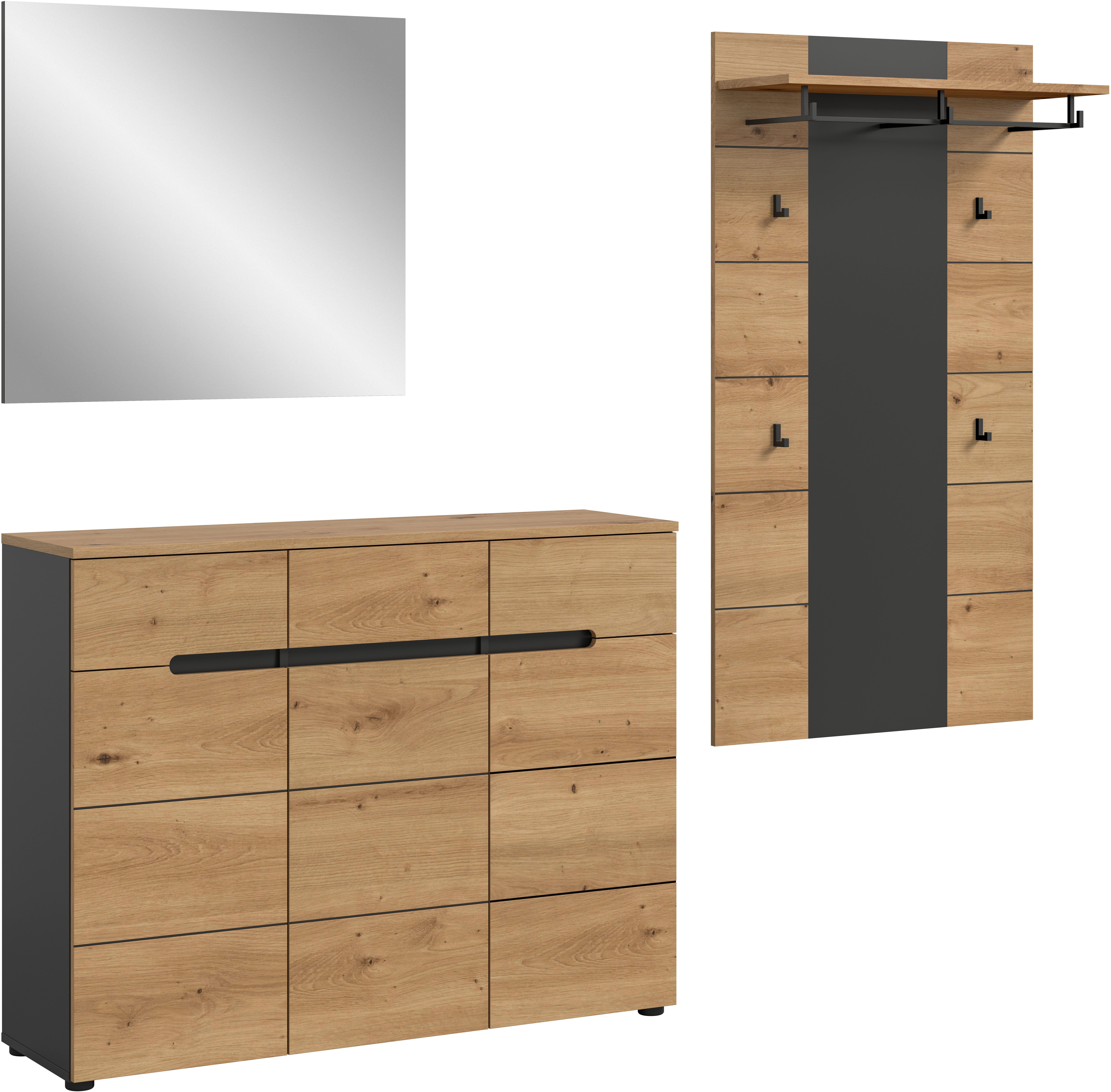 Home affaire Garderoben-Set REHAT, TOPSELLER!, 3-teilig, Breite 215 cm, individuell erweiterbar, (Set, 3-St., bestehend aus: Kommode, Spiegel und Garderobenpaneel), Garderobenkombination, Kombination, Set, Flurgarderobe, Diele