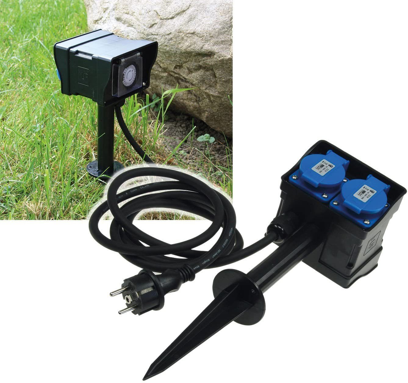 ChiliTec Gartensteckdose ChiliTec Gartensteckdose 2-fach Aussensteckdose mit Zeitschaltuhr 2m