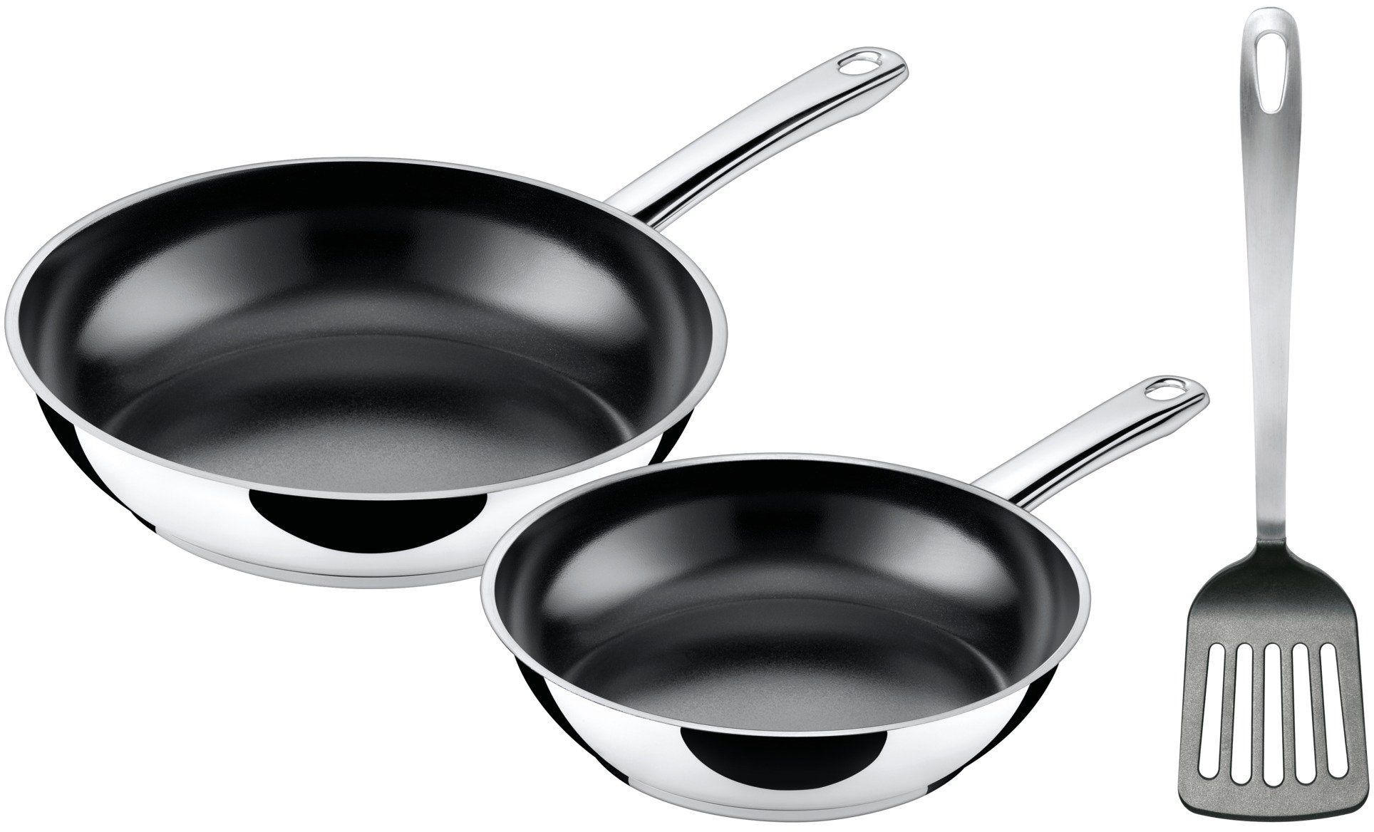 Silit Pfannen-Set Talis 3-teilig, mit Pfannenwender, Bratpfanne 24, 20 cm, Cromargan® Edelstahl Rostfrei 18/10 (Set, 3-tlg., je 1 Pfanne Ø 24/20 cm, H: 5 cm), Pfanne Induktion, Edelstahl beschichtet, backofenfest bis 250 Grad