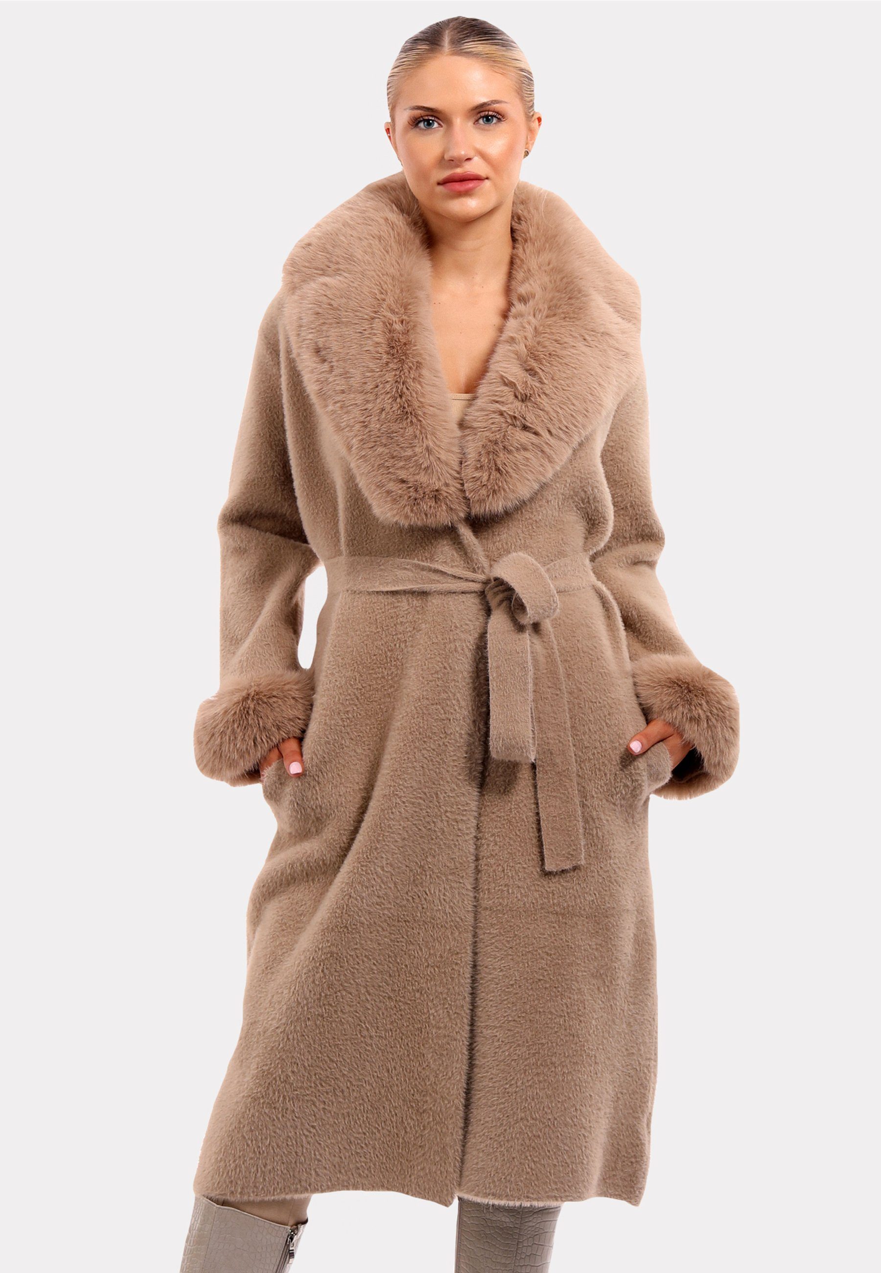 YC Fashion Mantel beige mit & "Exquisiter Style luxuriösem Kunstpelz-Details" Poncho