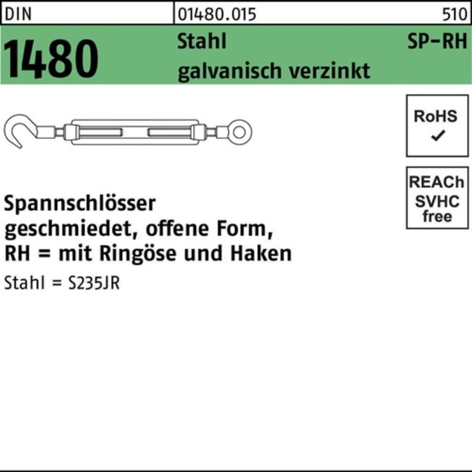 Reyher Spannschloss 100er Pack Spannschloss DIN 1480 offen Ringöse/Haken SP-RH M10 Stahl