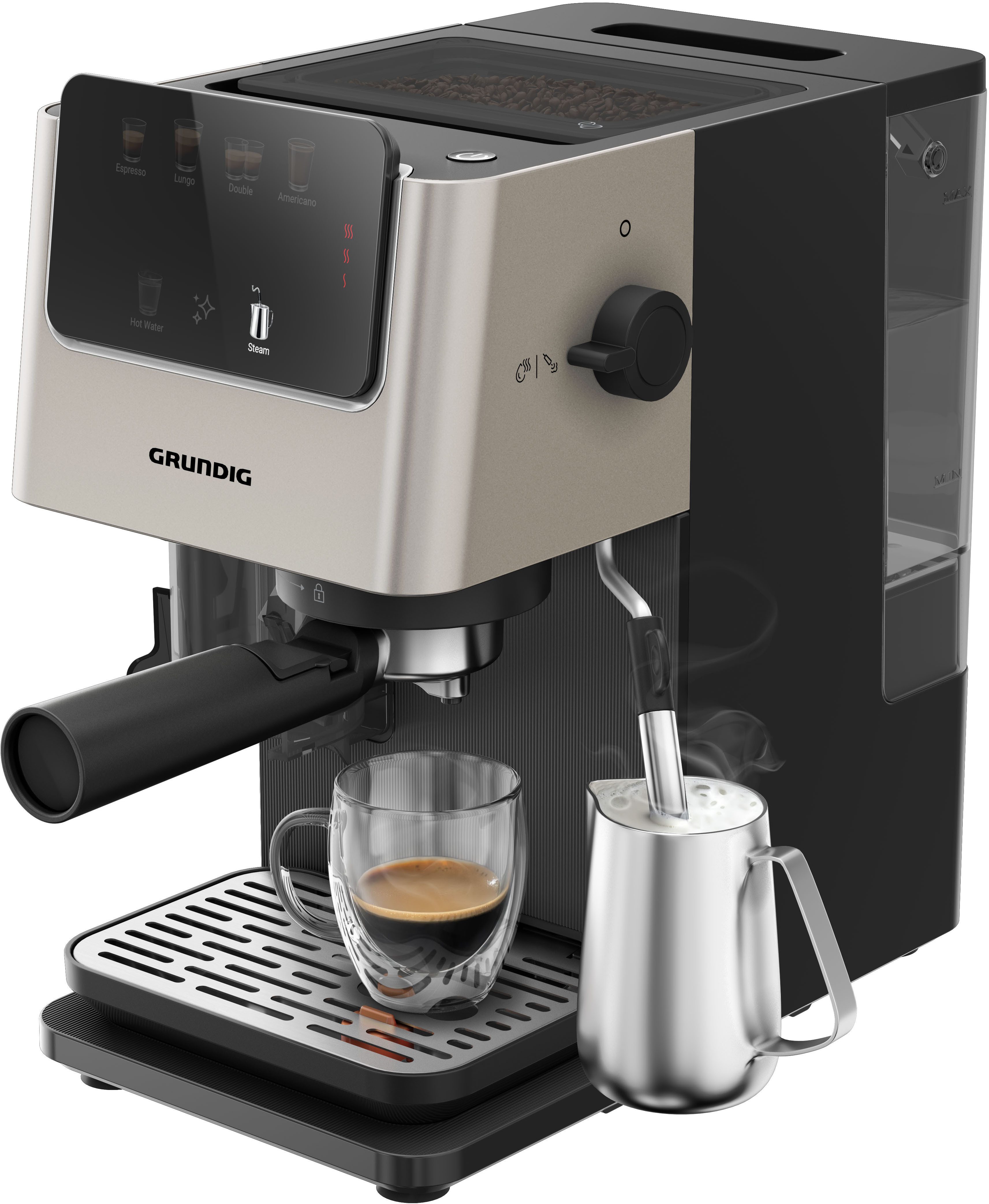 Grundig Siebträgermaschine KSM 7530, Kaffeevollautomat mit 15 Bar, Touch & GrindPro™ Mahlwerk