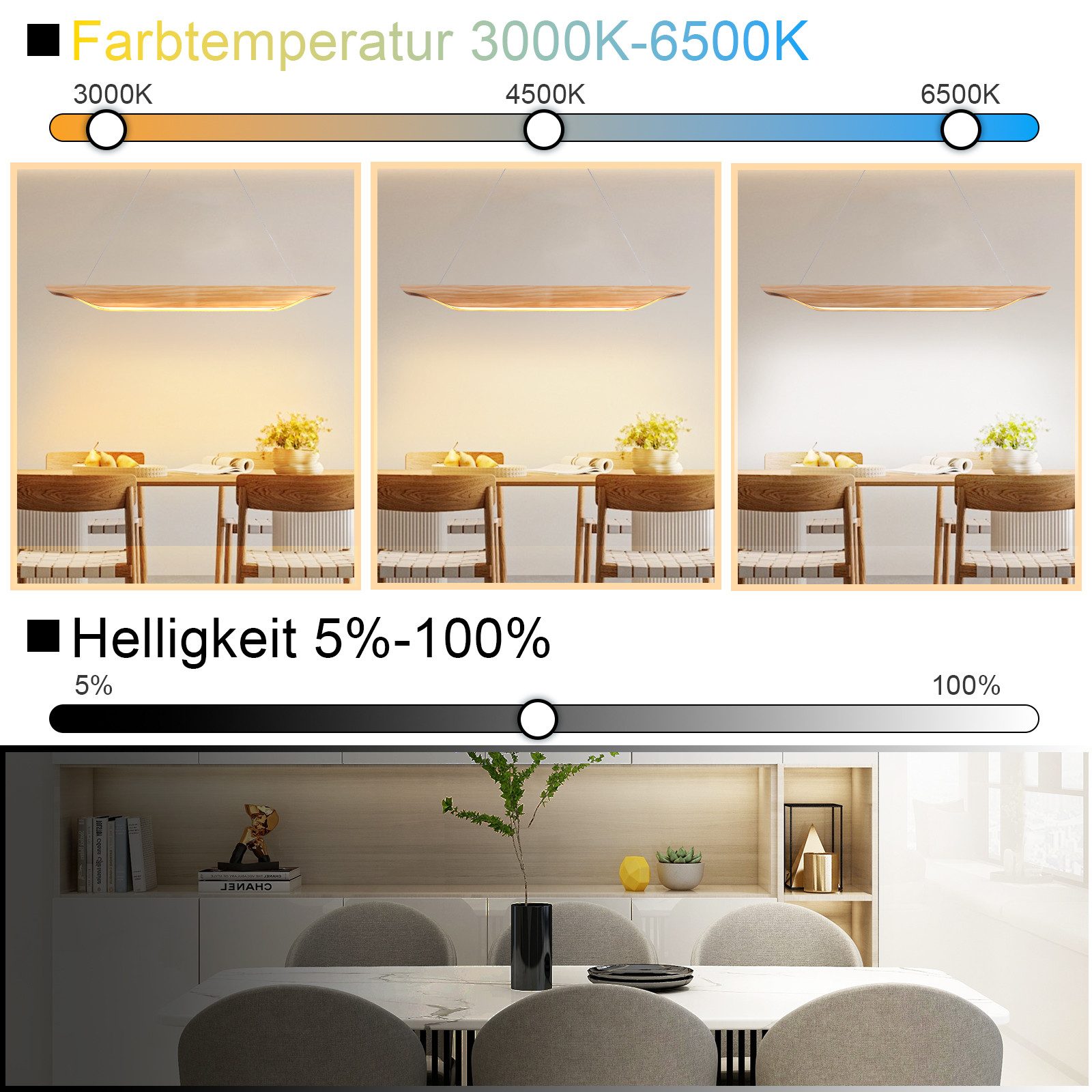 ZMH Pendelleuchte Esstisch 90 cm aus Holz, dimmbare Hängelampe mit Fernbedienung, LED fest integriert, Hängeleuchte 3000-6500 K, bis 130 cm Gesamthöhe – Bild 2 von 5