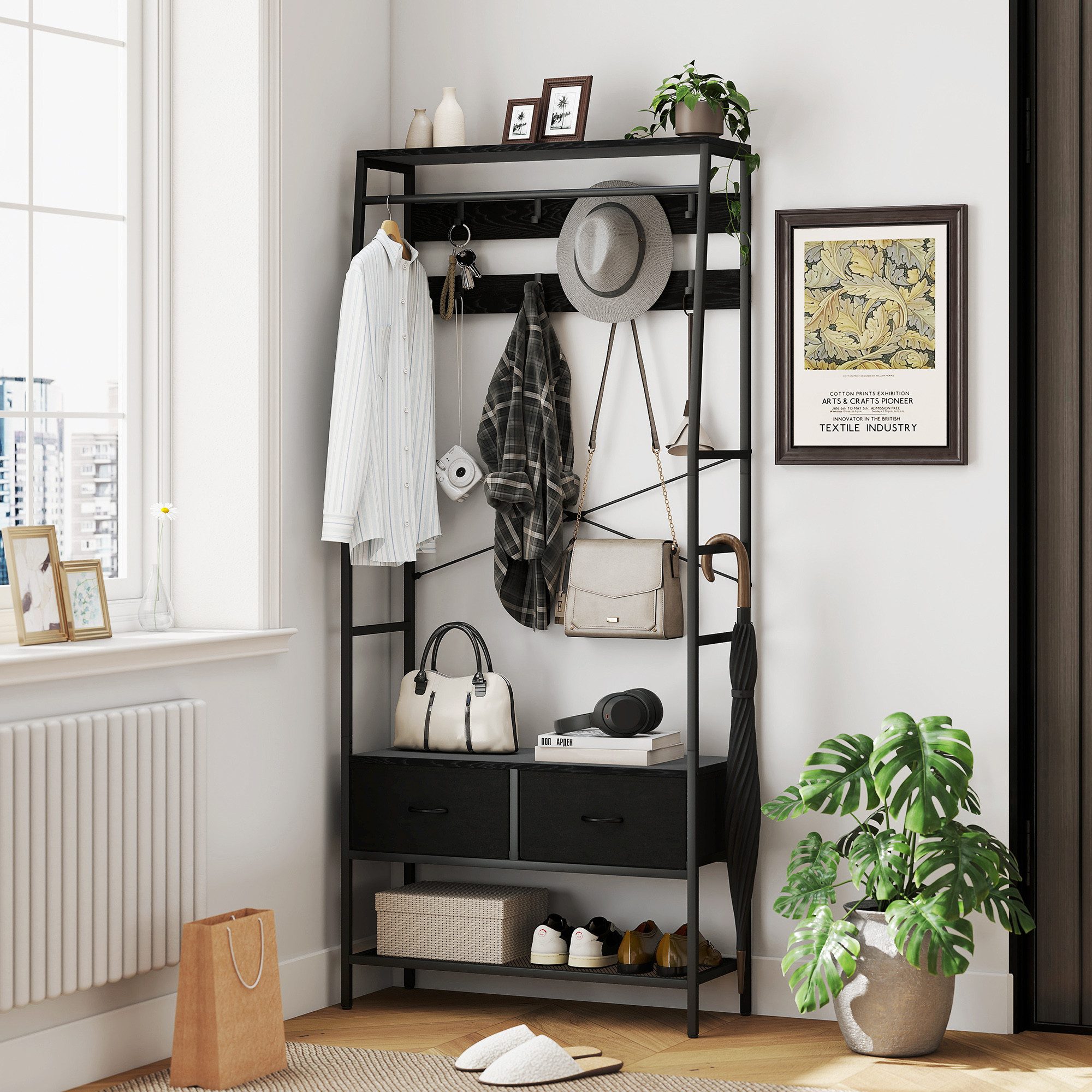 HOMCOM Garderobenständer Jackenständer mit Stoff-Schubladen 2, Ablage, Kippschutz, (Kleiderständer, 1 St., Garderobe), für Eingangsbereich, Flur, Schlafzimmer, Schwarz