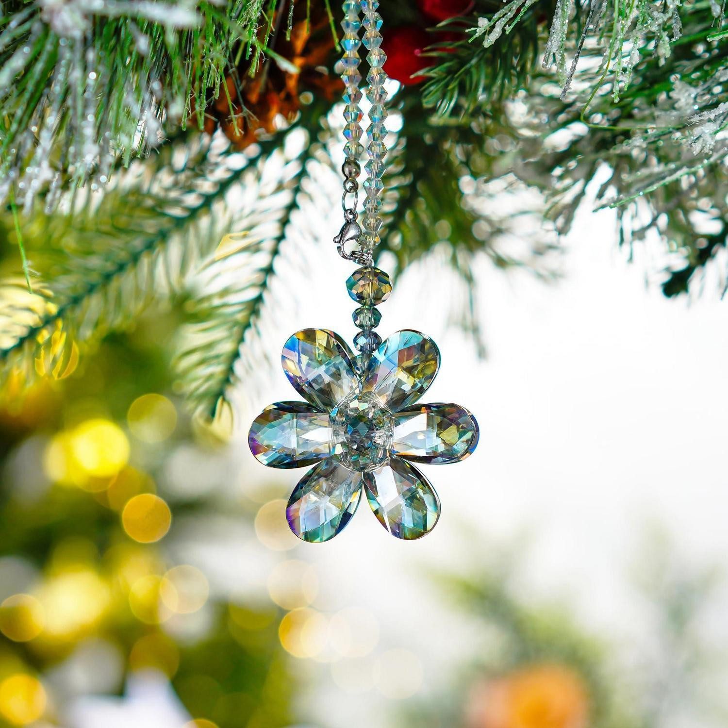 LuxusKollektion Ornament Rückspiegel Anhänger Kristall Fengshui Auto Zubehör Blumen Regenbogen