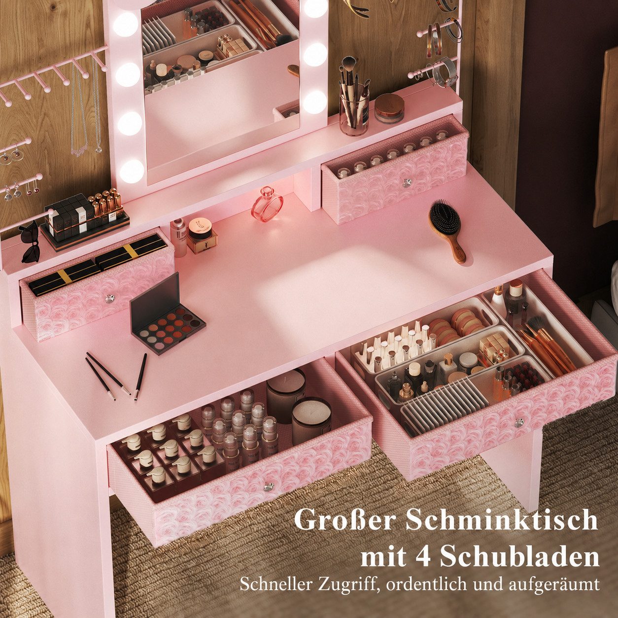Patbrela Schminktisch mit beleuchtetem Spiegel, mit 3 Lichtmodi für Schlafzimmer, Seitliche Schmuckaufbewahrung – Bild 2 von 5