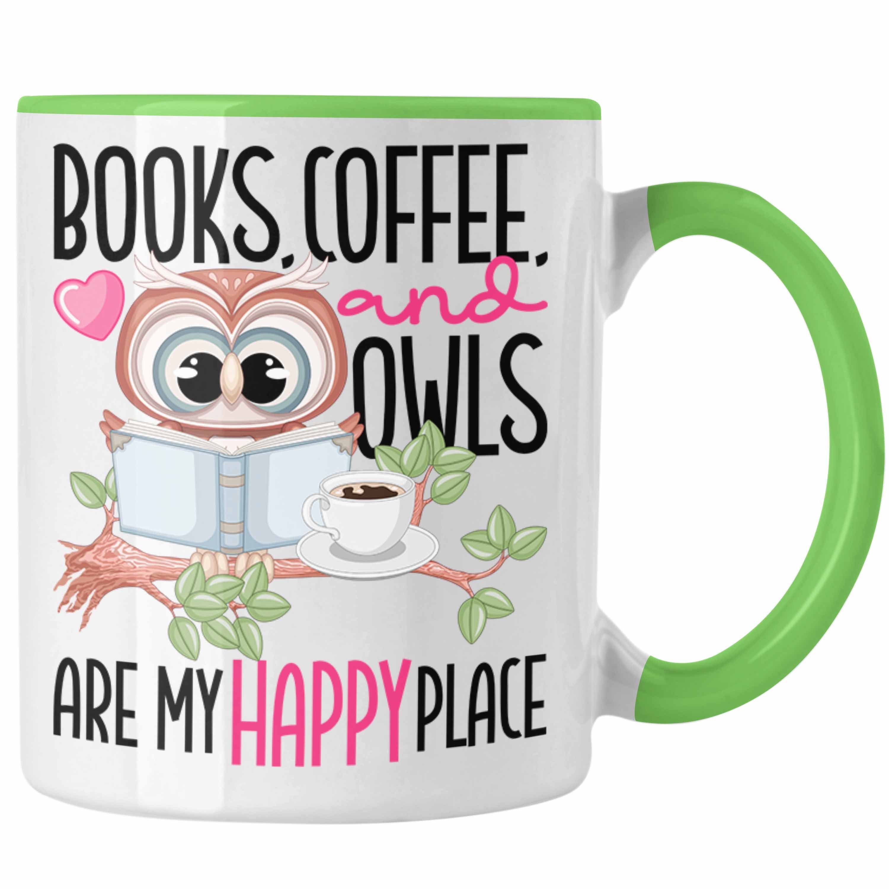 Trendation Tasse Bücher Kaffee Eulen Happy Place Tasse Geschenk Bücher Lesen Leseratte Grün