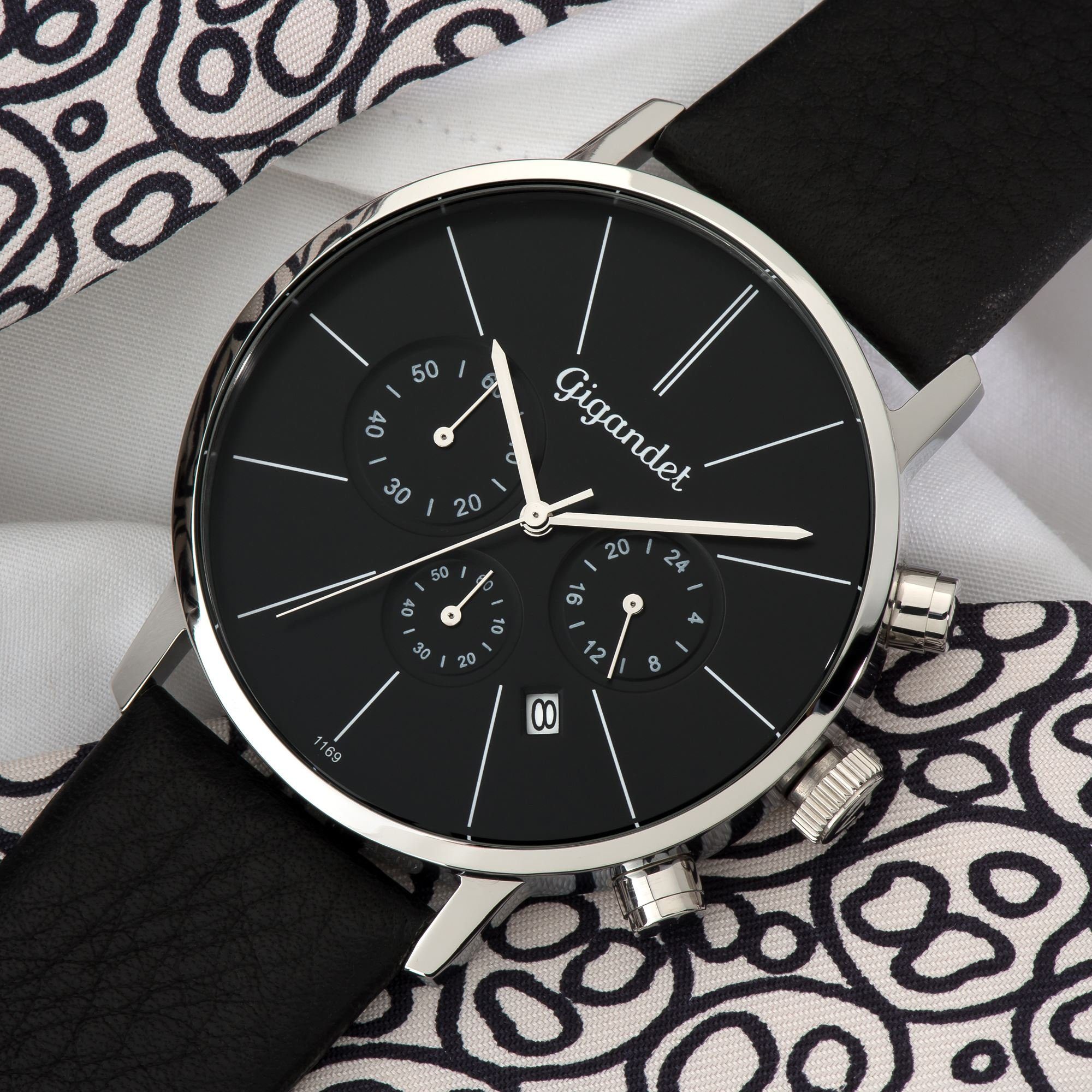 Gigandet Chronograph MINIMALISM Armbanduhr Uhr Damenuhr Herrenuhr Unisex schwarz G32-002, Lederarmband, Edelstahlgehäuse, 3ATM wasserdicht, Modell G32-002