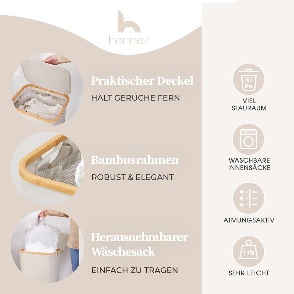 HENNEZ Wäschekorb mit Griff aus Bambus, 100 l – Wäschekorb mit Deckel, Dunk günstig online kaufen