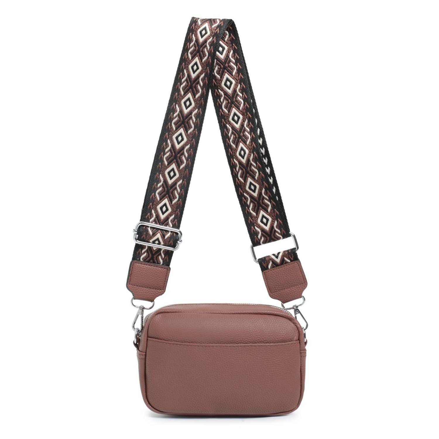 ITALYSHOP24 Schultertasche Damen kleine Umhängetasche CrossBody Crossover Handytasche Geldbörse (Spar-Set aus einer Tasche mit einem breitem Muster Stoffgurt/Umhängeband), Bodybag, Brusttasche, Hüfttasche, Muster Taschengurt, leicht Gewicht