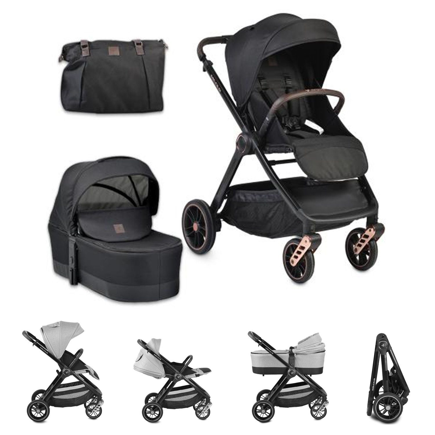Macan 1, Tasche Kombi-Kinderwagen Cangaroo PU-Räder Gurt in 2 Babywanne Kombikinderwagen Sportsitz schwarz