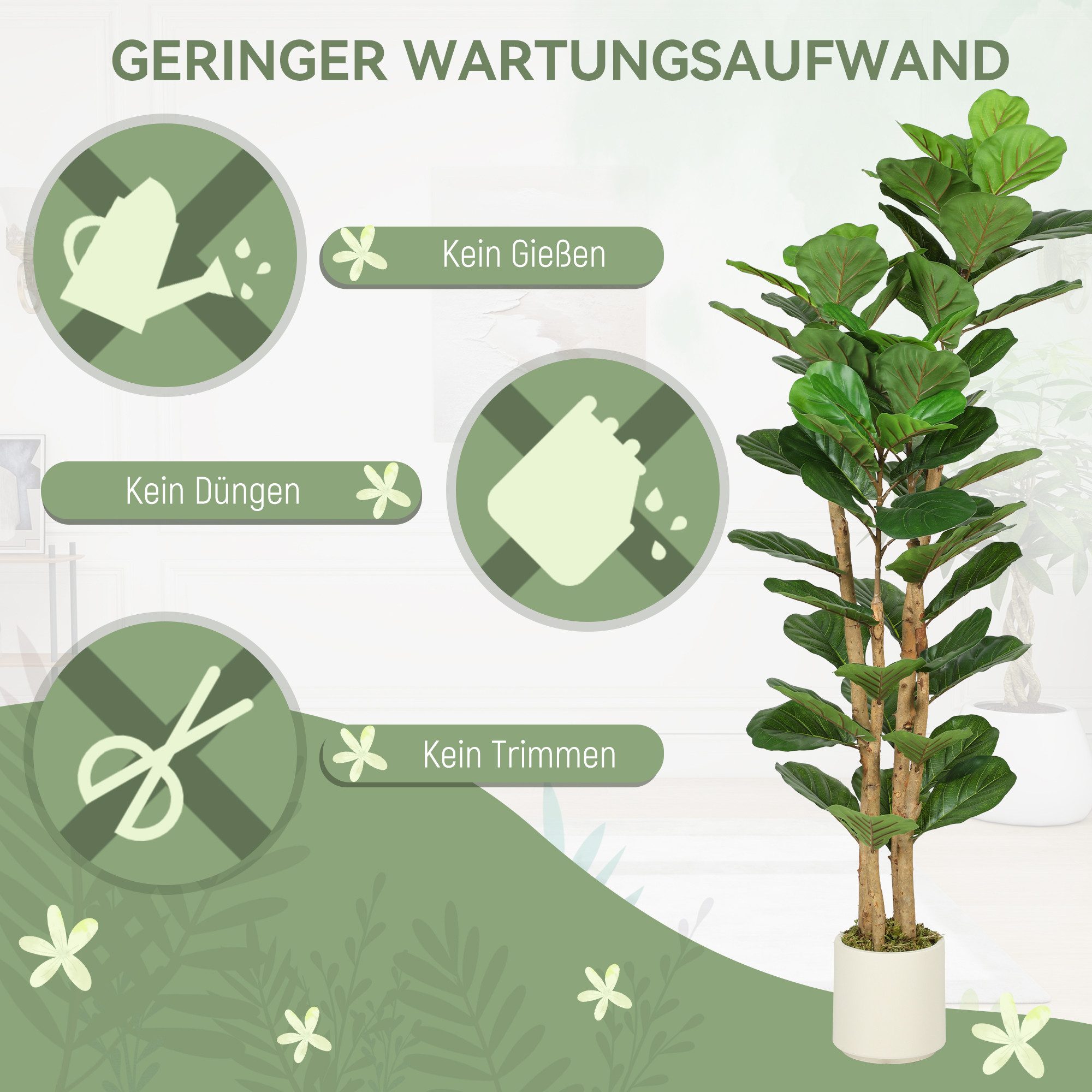 Kunstpflanze Künstlicher mit 71 Blättern, Massivholzstamm, Topf, Deko Geigenfeigenbaum, HOMCOM, Höhe 150 cm, für Wohnzimmer, Schlafzimmer, Büro, Garten, Grün – Bild 5 von 5