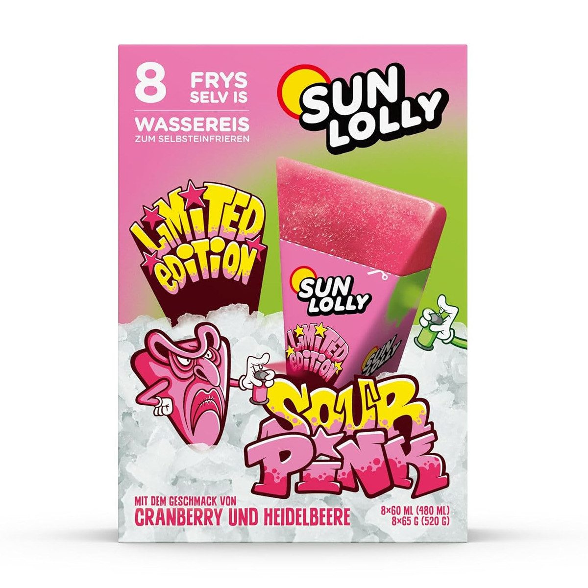 SUN LOLLY Süßigkeit, Sun Lolly Sour Pink Wassereis 8x60ml zum Selbsteinfrieren 480ml