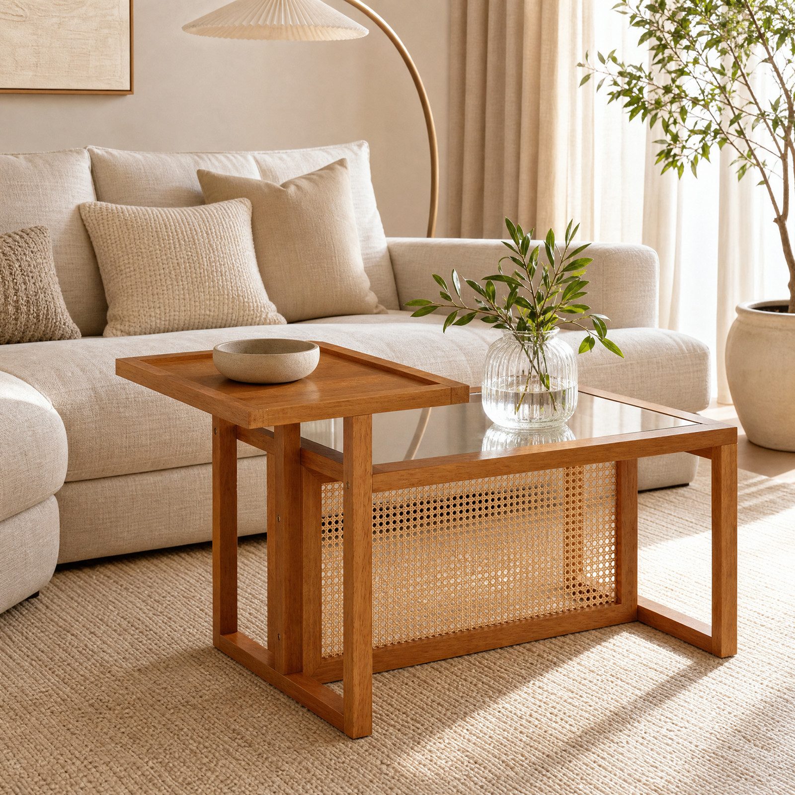 KOMFOTTEU Couchtisch Beistelltisch Wohnzimmertisch Kaffeetisch, mit 2 Ebenen, aus Rattan