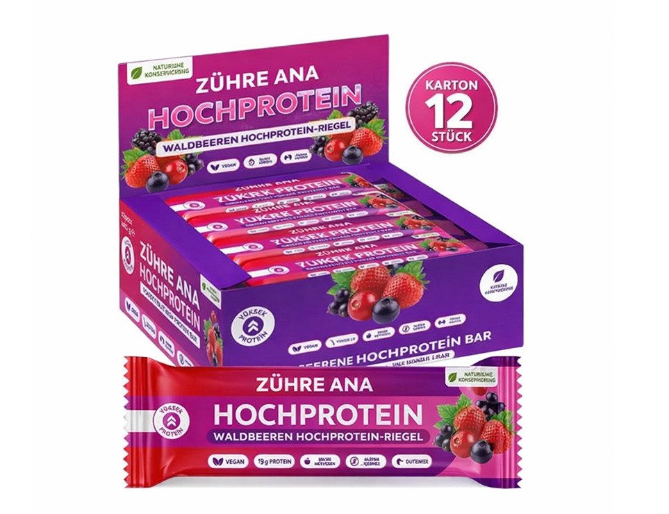 Zühre Ana® Riegel Waldbeeren Proteinriegel 12x – Vegan, Glutenfrei, Zuckerfrei, 420 g, Proteinreicher, leckerer Snack, 35gr x 12 Stück