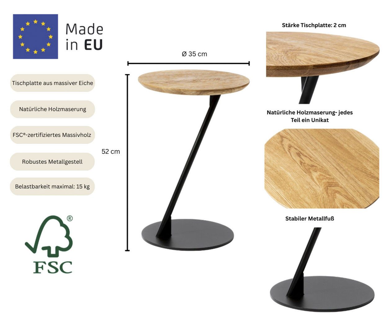 andas Couchtisch Kurikka (B/T/H: 35/35/52 cm), Kaffeetisch, Tischplatte aus massiver Eiche, Gestell aus Metall