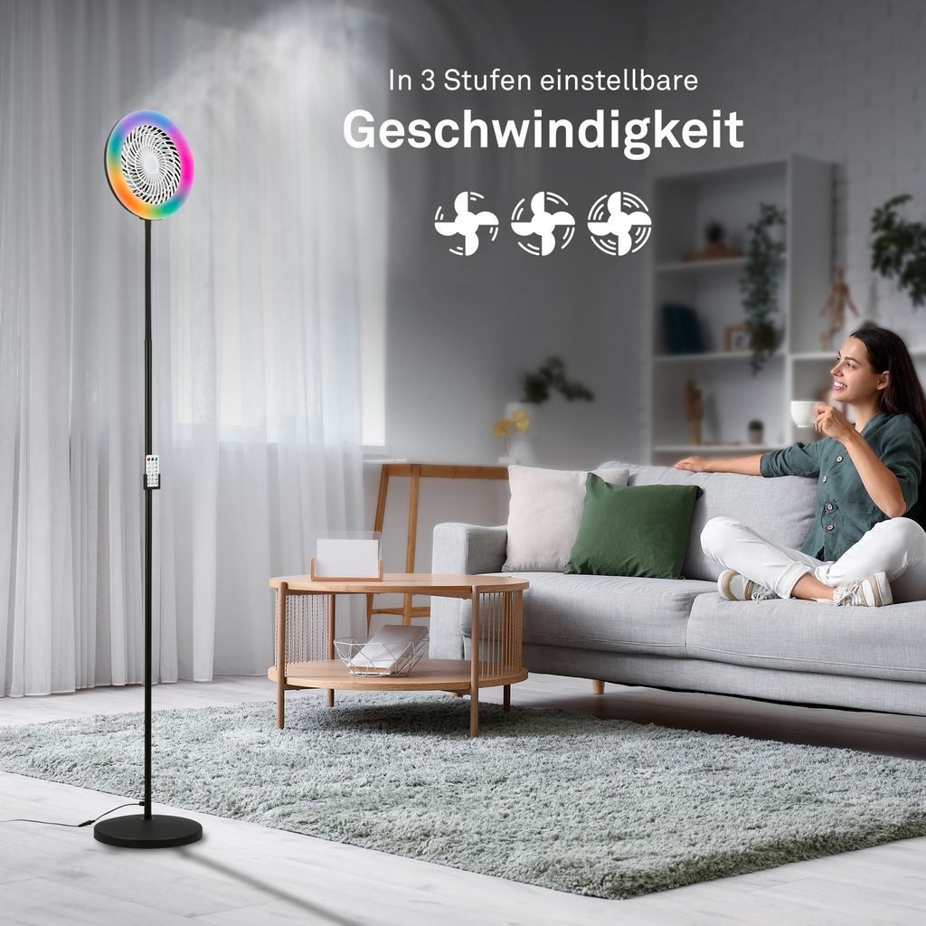 Briloner Leuchten Stehlampe Standventilator mit Licht Fernbedienung Dimmbar CCT RGB IC Farbwechsel, LED fest integriert, 6500K - Kaltweiß, 4000K - Neutralweiß, 3000K - Warmweiß, 28 x 185 cm, Wohnzimmer, Schlafzimmer, Büro