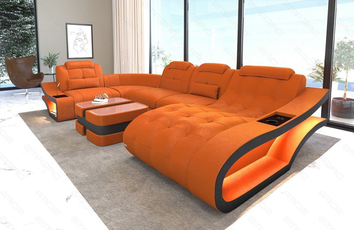 Sofa Dreams Wohnlandschaft Polster Stoff Sofa Elegante A - U Form Stoffsofa Couch, wahlweise mit Bettfunktion orange-schwarz