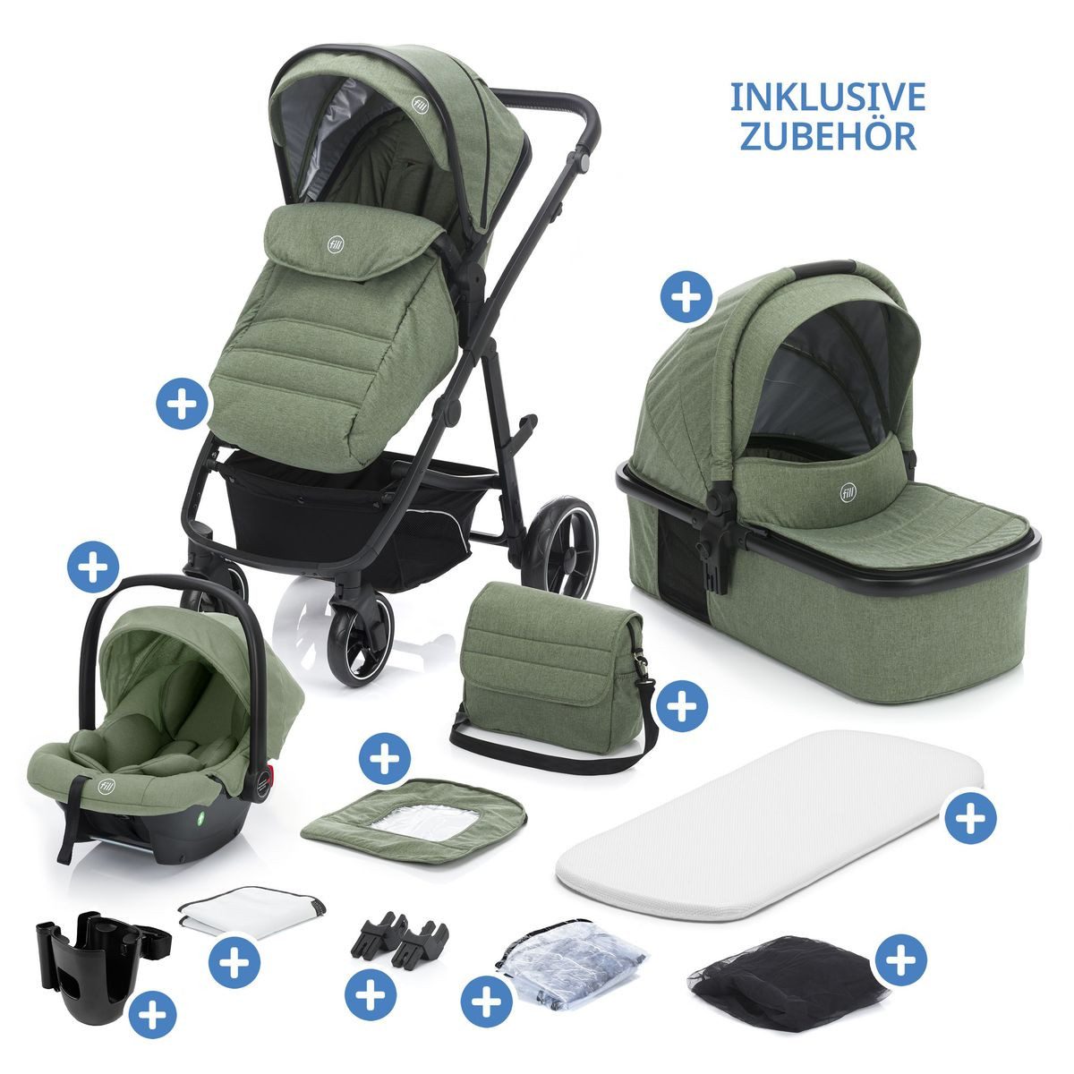 Fillikid Kombi-Kinderwagen Fill Jaguar - Grün Melange, 3in1 Kinderwagen mit Babyschale, Babywanne, Sportsitz & Wickeltasche